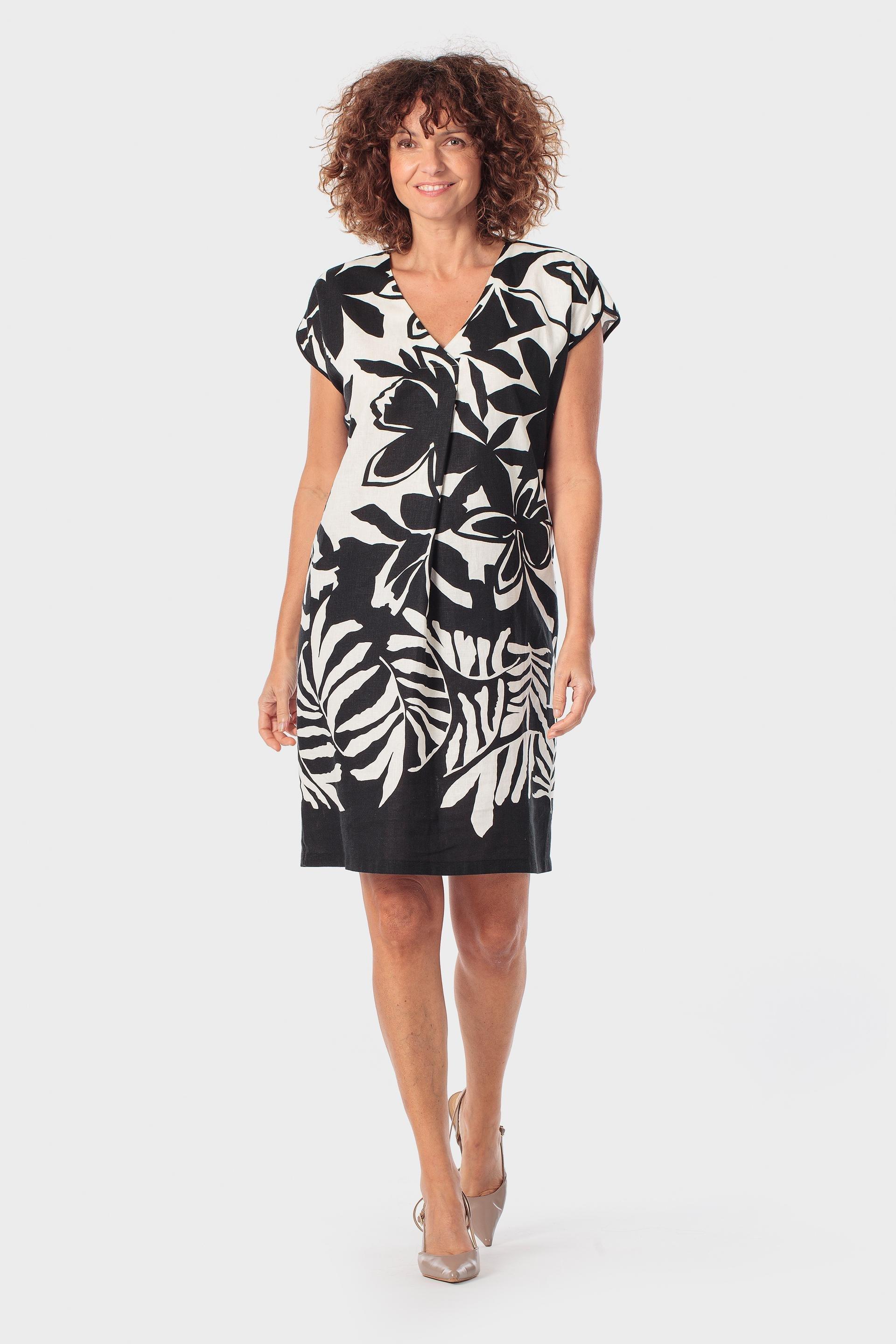 Printed Linen Dress, Black, medium