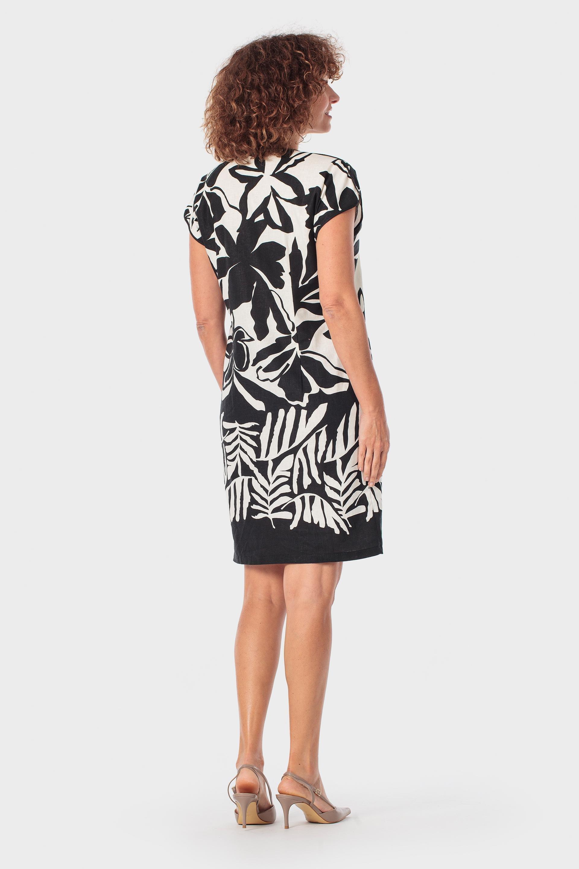 Printed Linen Dress, Black, medium