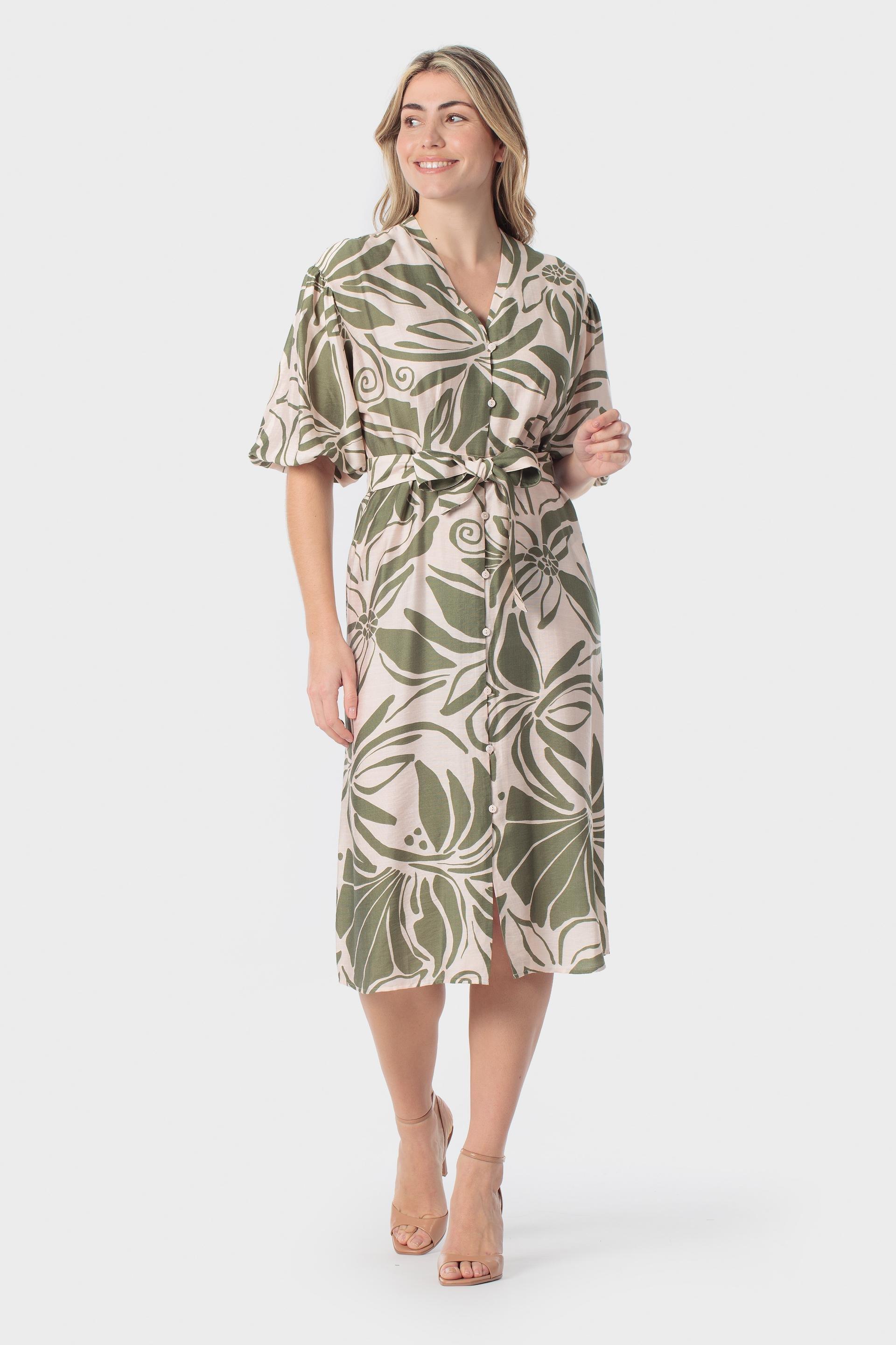فستان ميدي أخضر بطبعة زهرية, Green Khaki, large image number 0