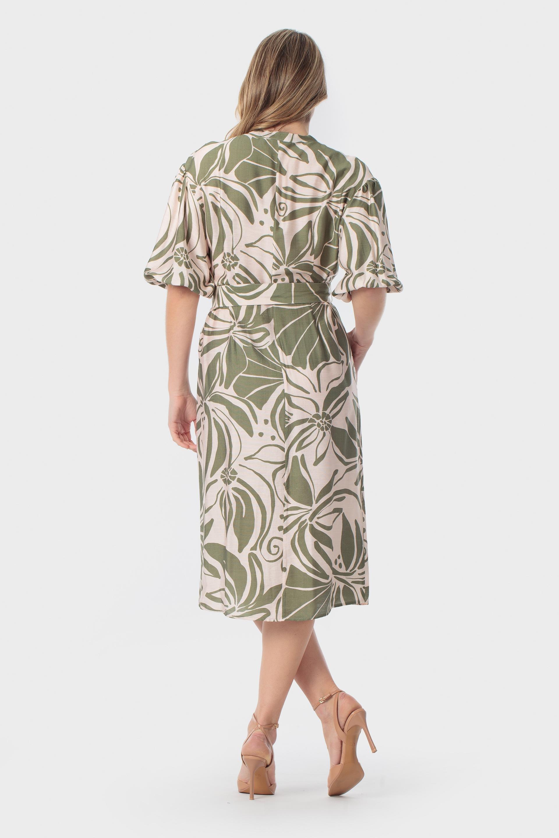 فستان ميدي أخضر بطبعة زهرية, Green Khaki, large image number 1