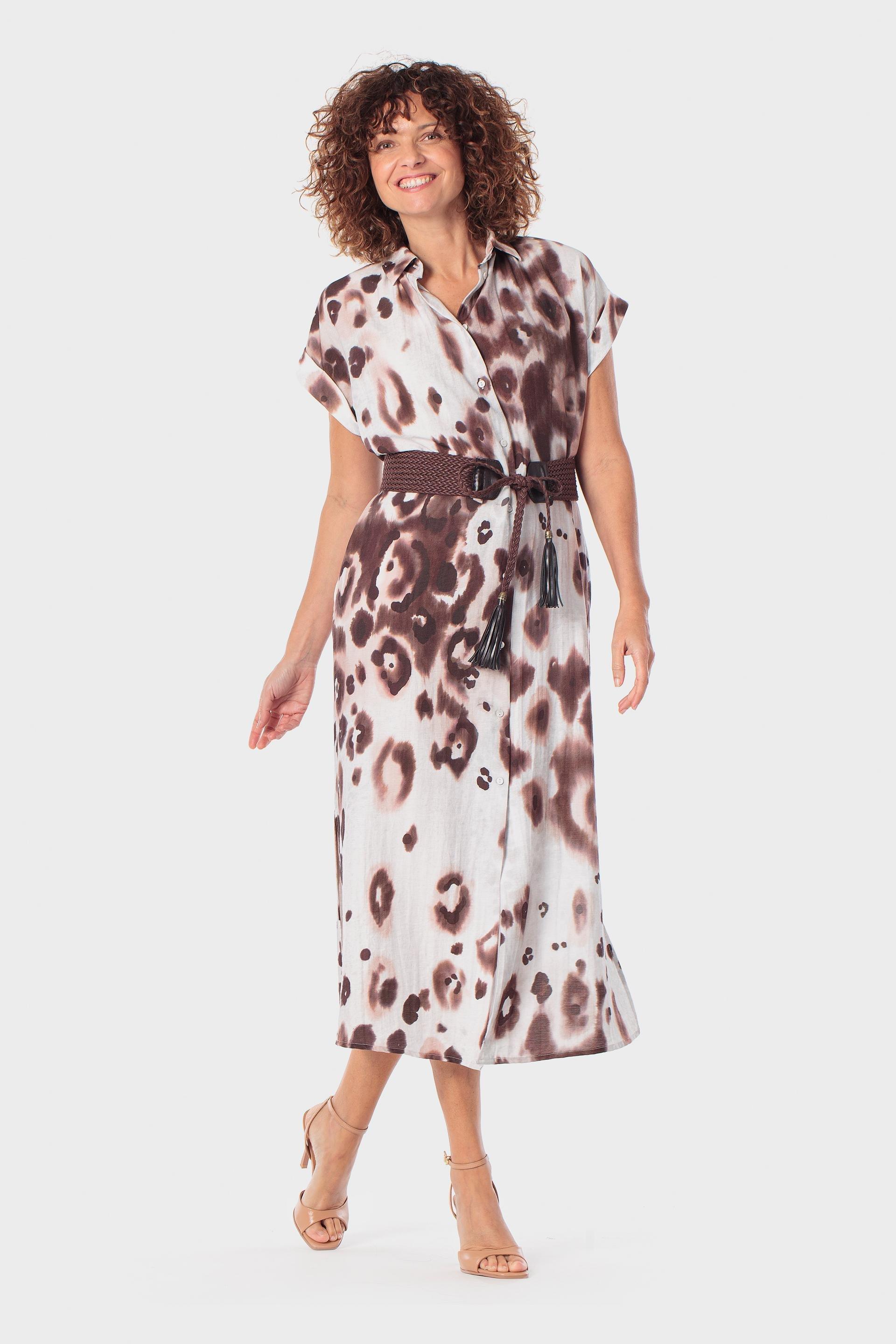 Shirt-Style Animal Print Dress with Matching Belt Brown, Brown, large image number 0
