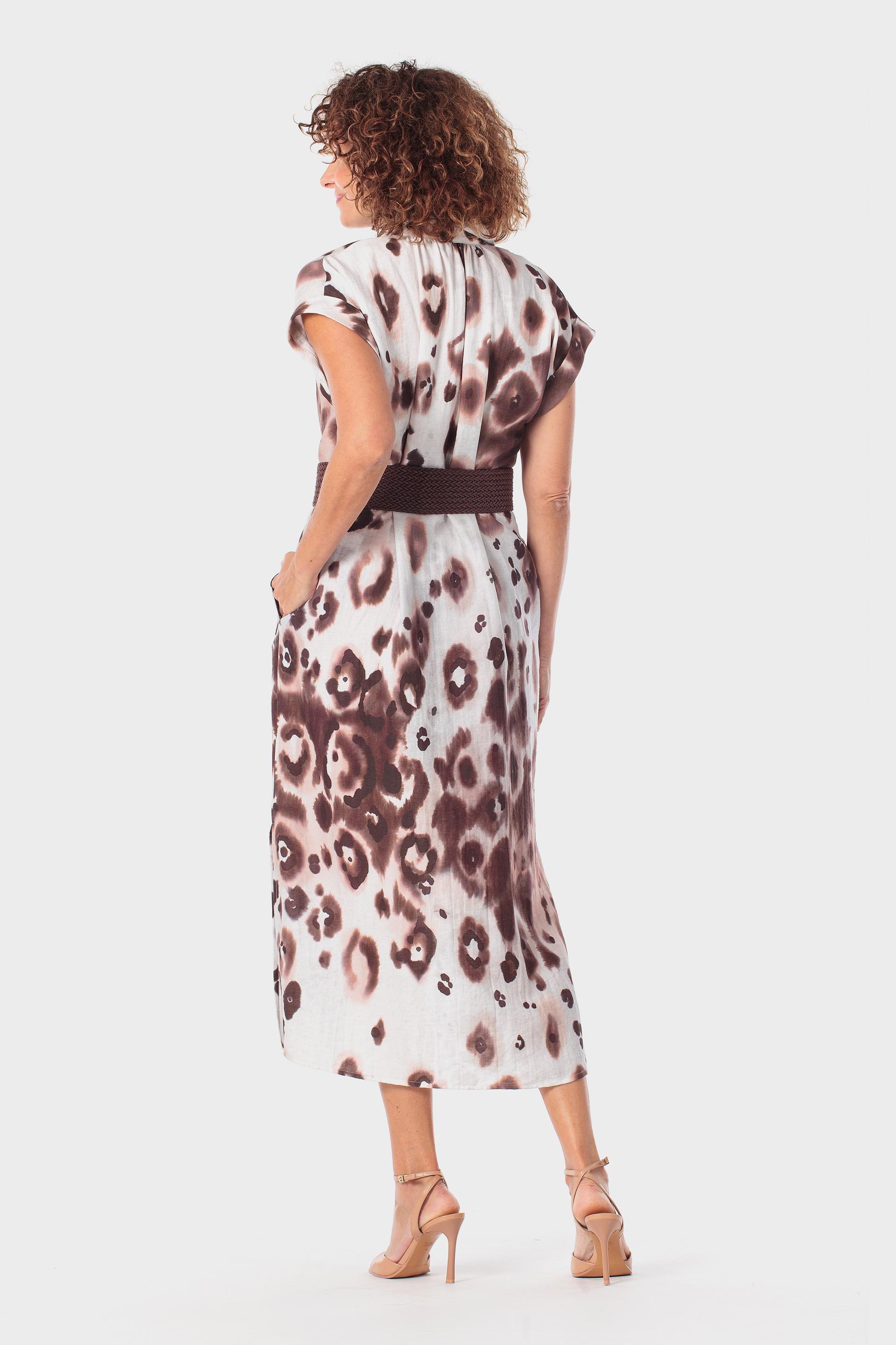 Shirt-Style Animal Print Dress with Matching Belt Brown, Brown, large image number 1