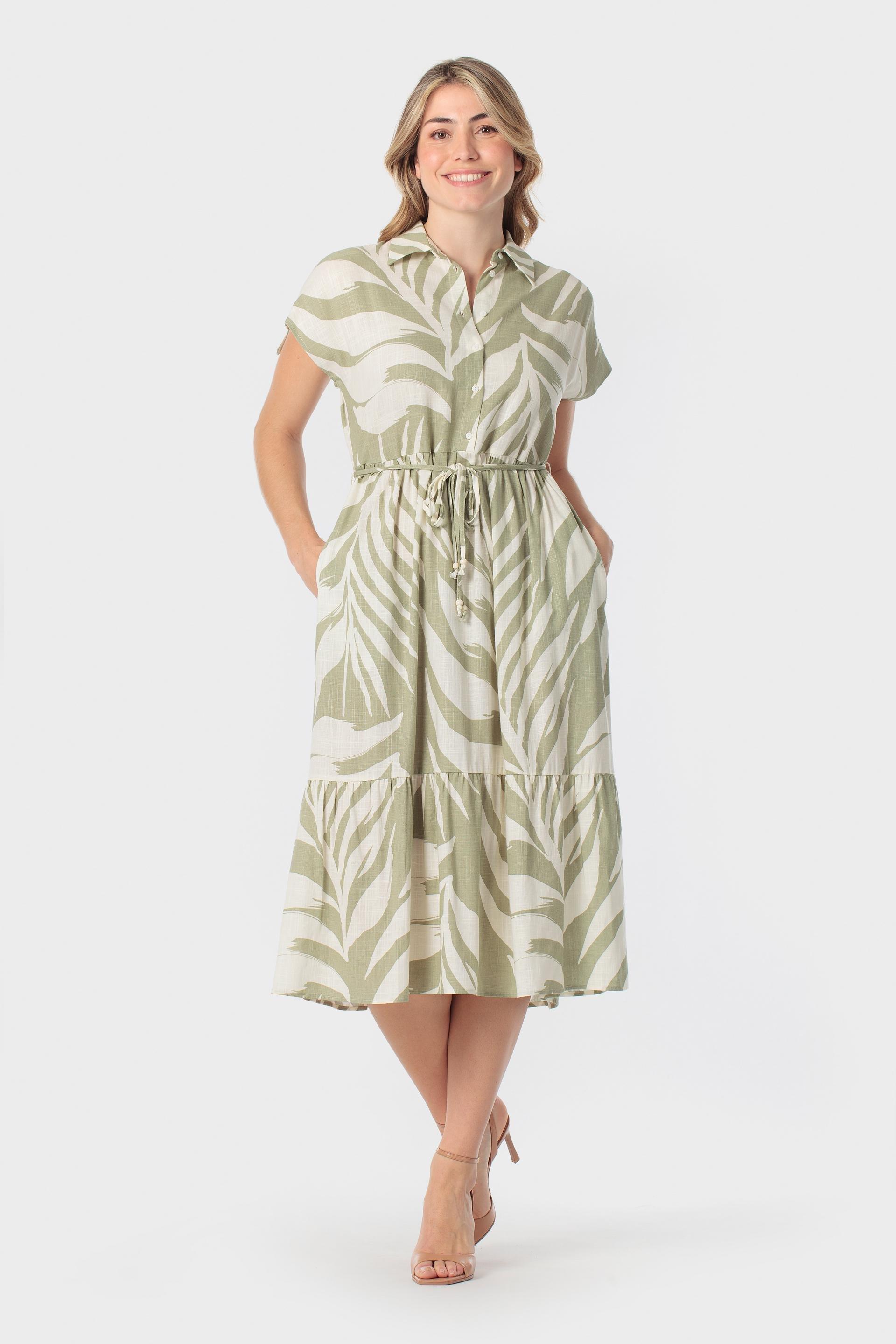 Leaf Print Tiered Midi Shirt Dress Green, Yellow Vainilla, large image number 1