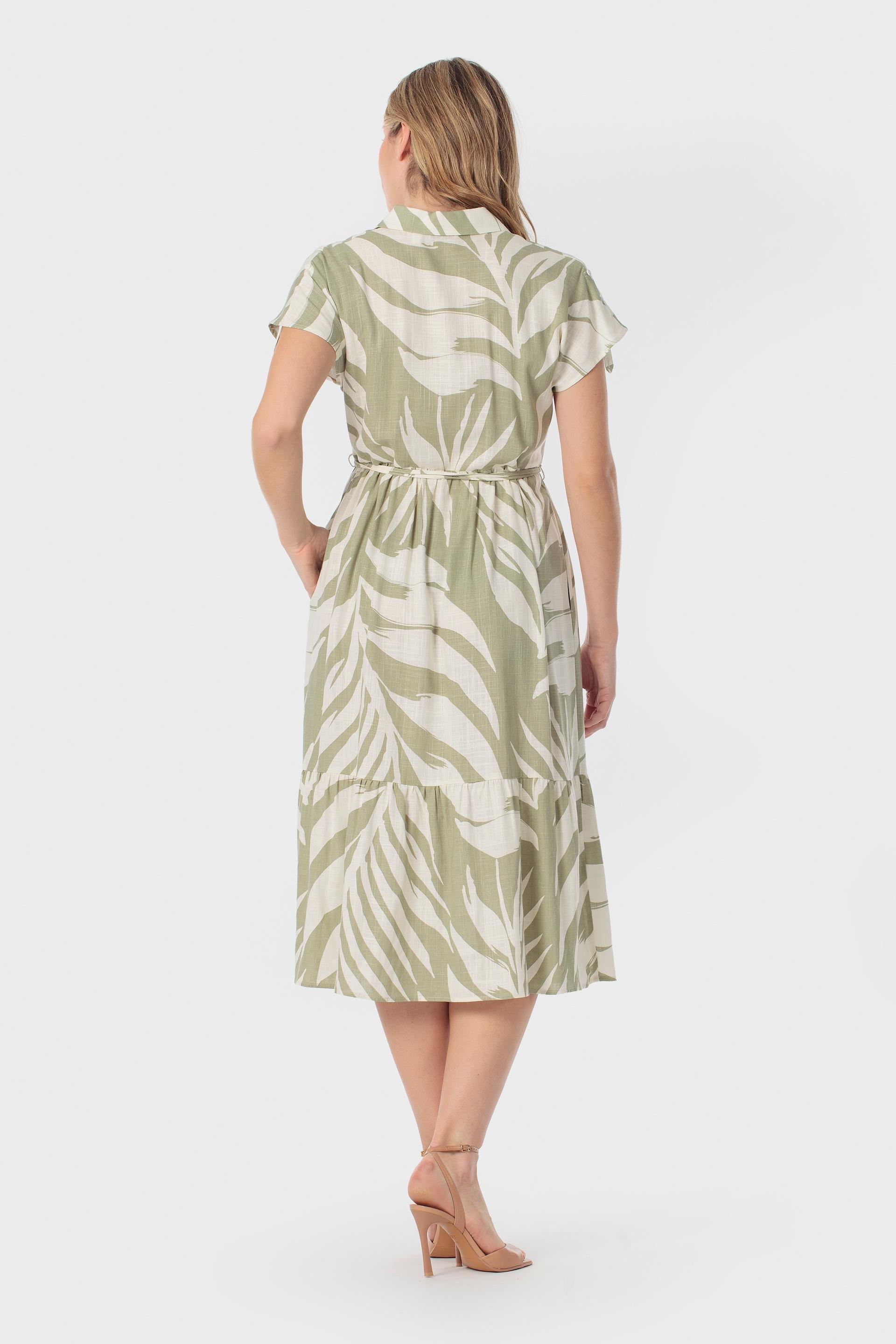Leaf Print Tiered Midi Shirt Dress Green, Yellow Vainilla, large image number 2