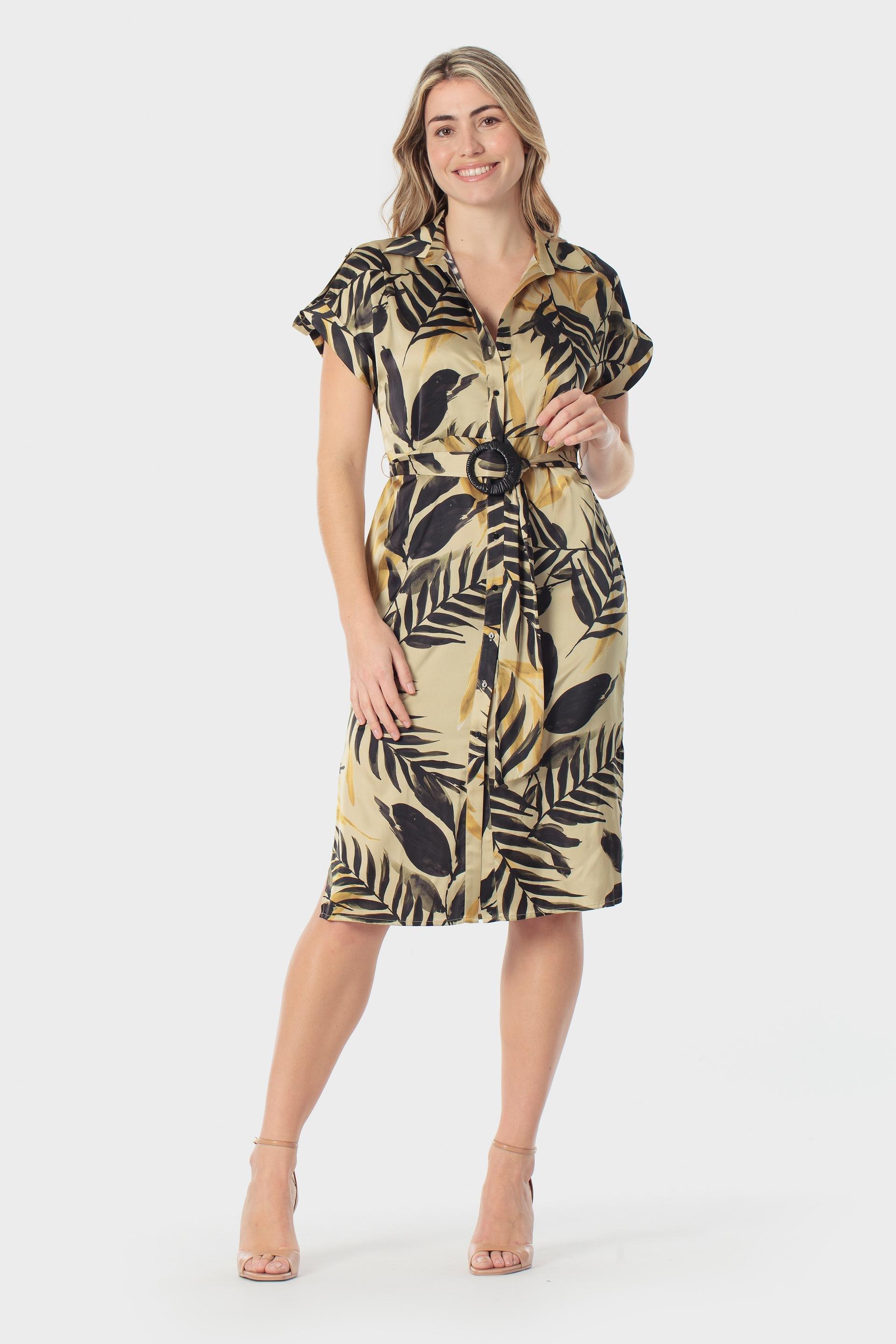 Tropical Leaf Print Belted Shirt Dress Multicolour, Beige Camel, large image number 0
