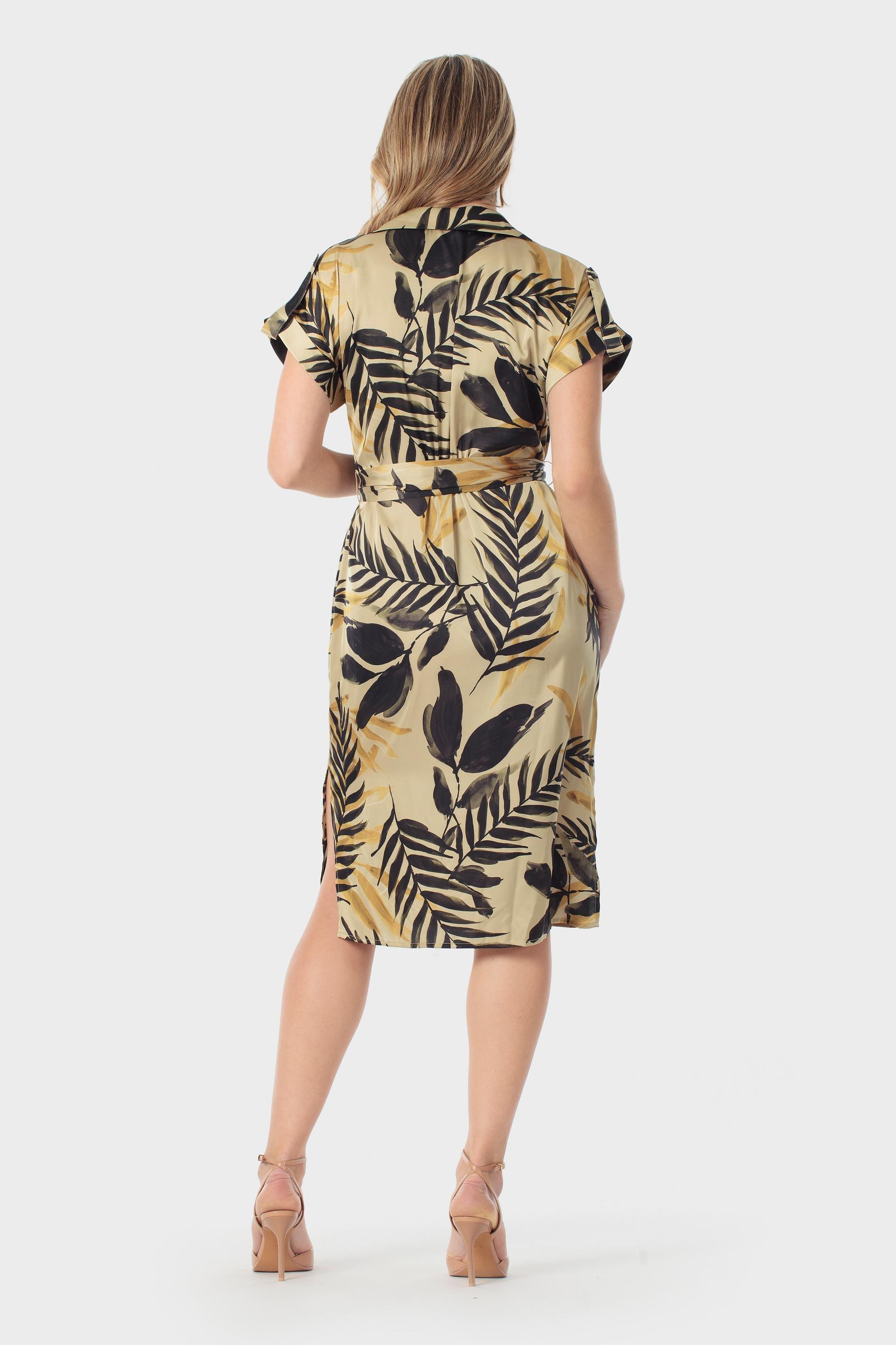 Tropical Leaf Print Belted Shirt Dress Multicolour, Beige Camel, large image number 1