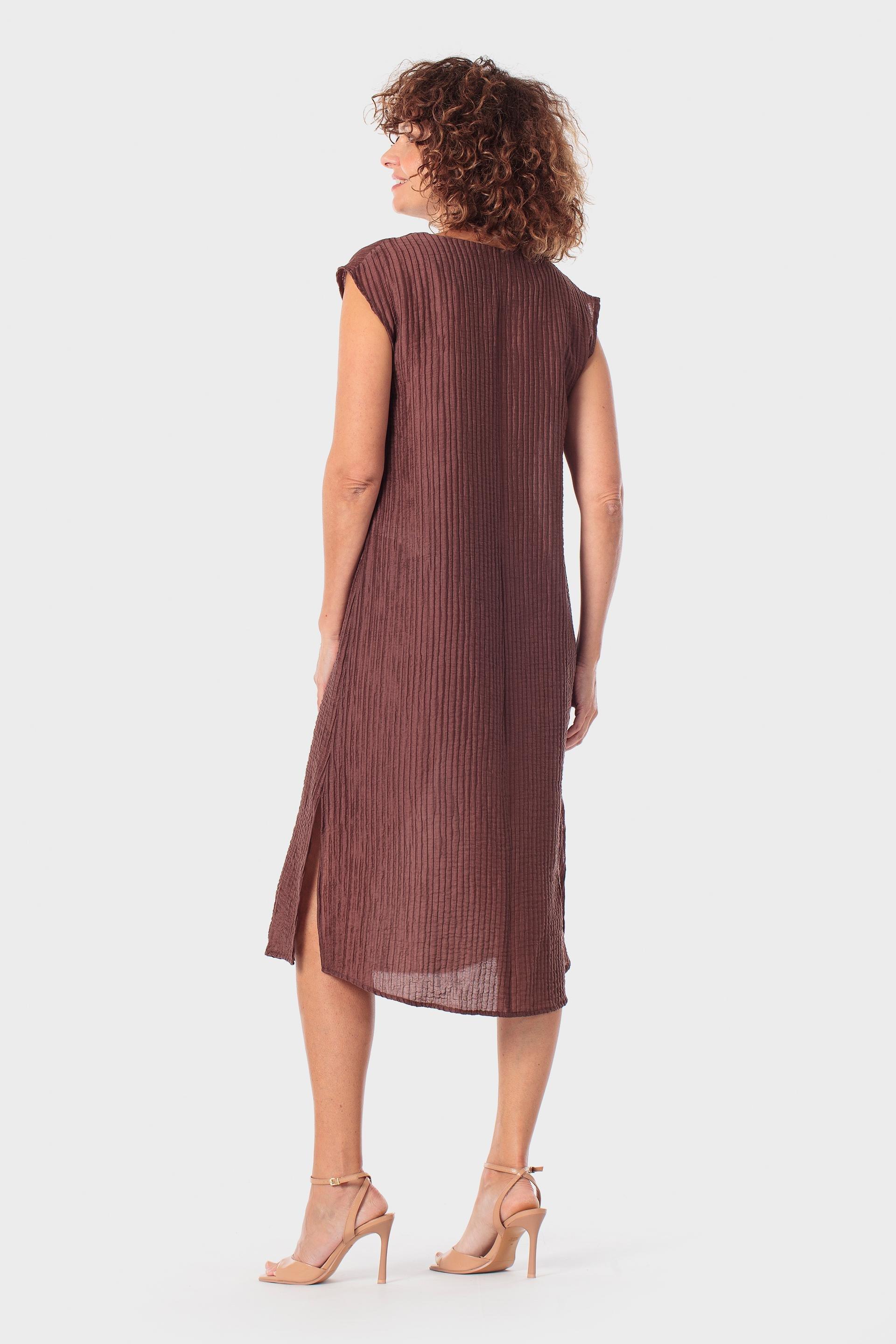 Sleeveless Printed Dress with Matching Necklace, Brown, medium