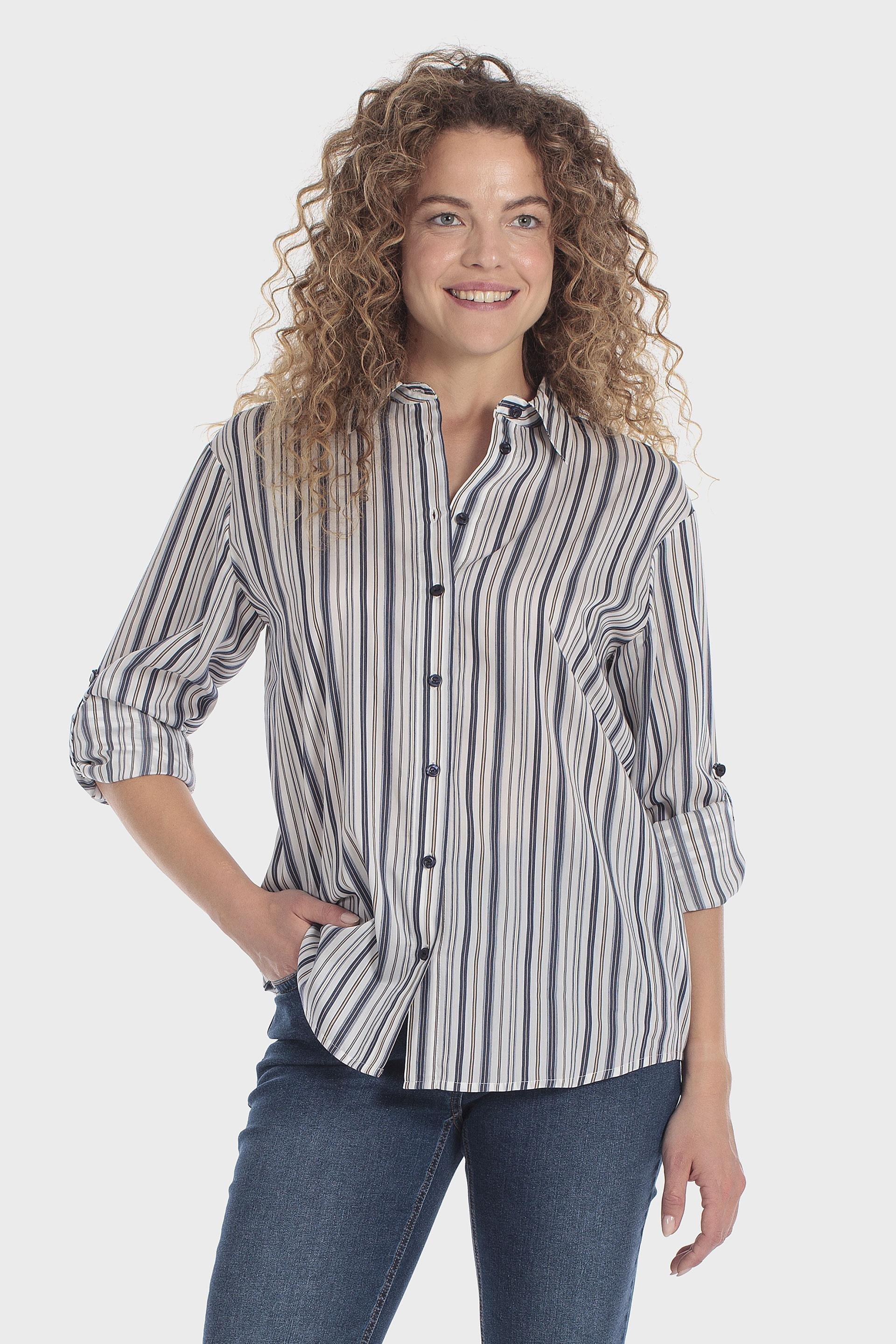 قميص مقلّم بأكمام قابلة للطي كحلي, Blue Navy, large image number 0