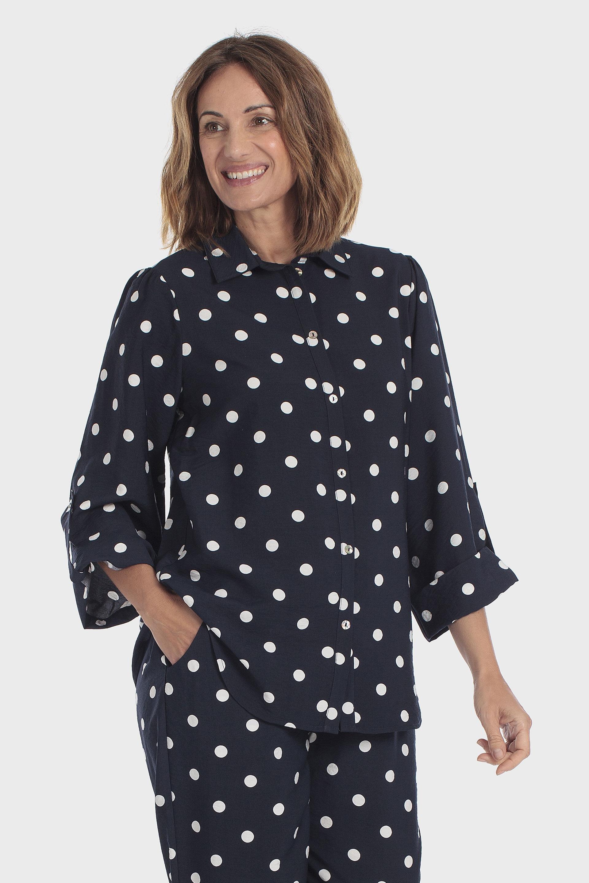 Polka Dot Roll-Up Sleeve Shirt Black, Blue Navy, medium