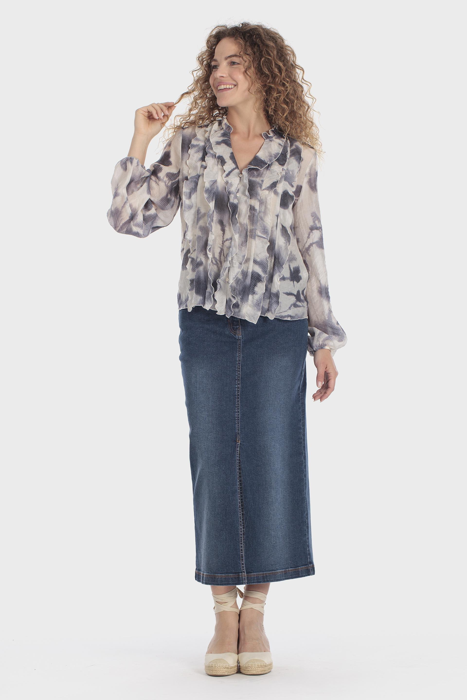 بلوزة مطبوعة بتفاصيل كشكش بيج, Blue Cramberry, medium