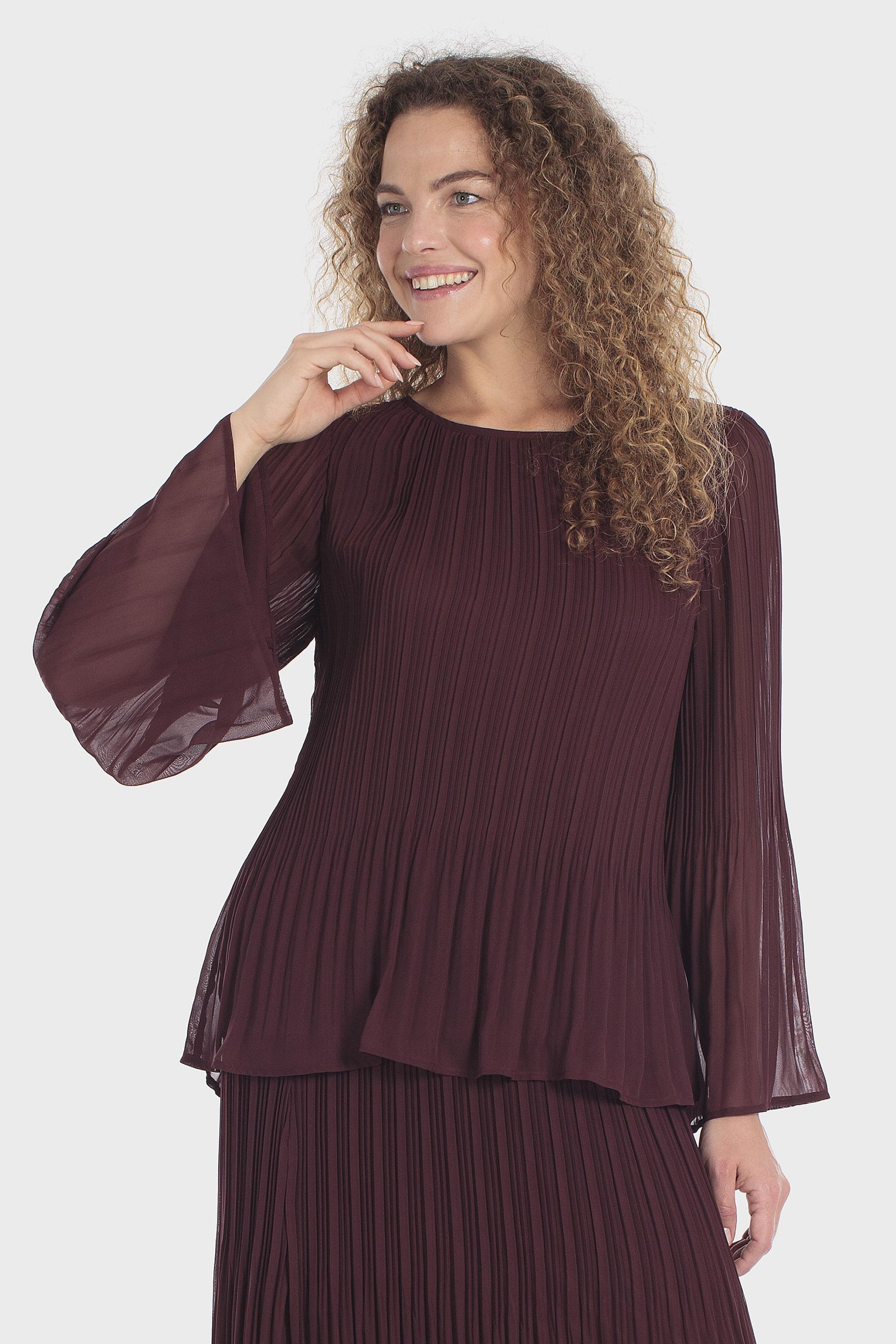 Pleated Bell Sleeve Blouse Purple, Red Dark, large image number 0