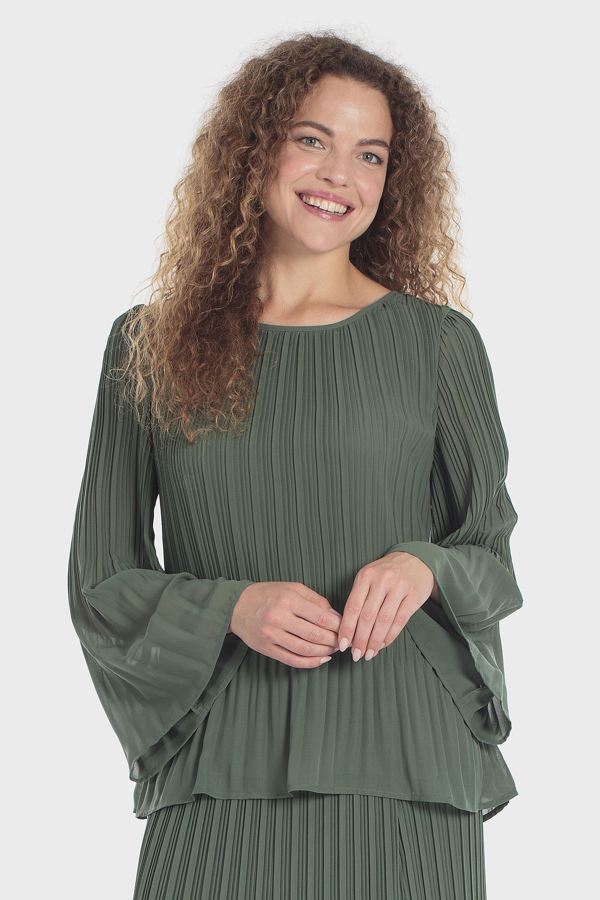 Pleated Bell Sleeve Blouse Green, Green Forest, large image number 0