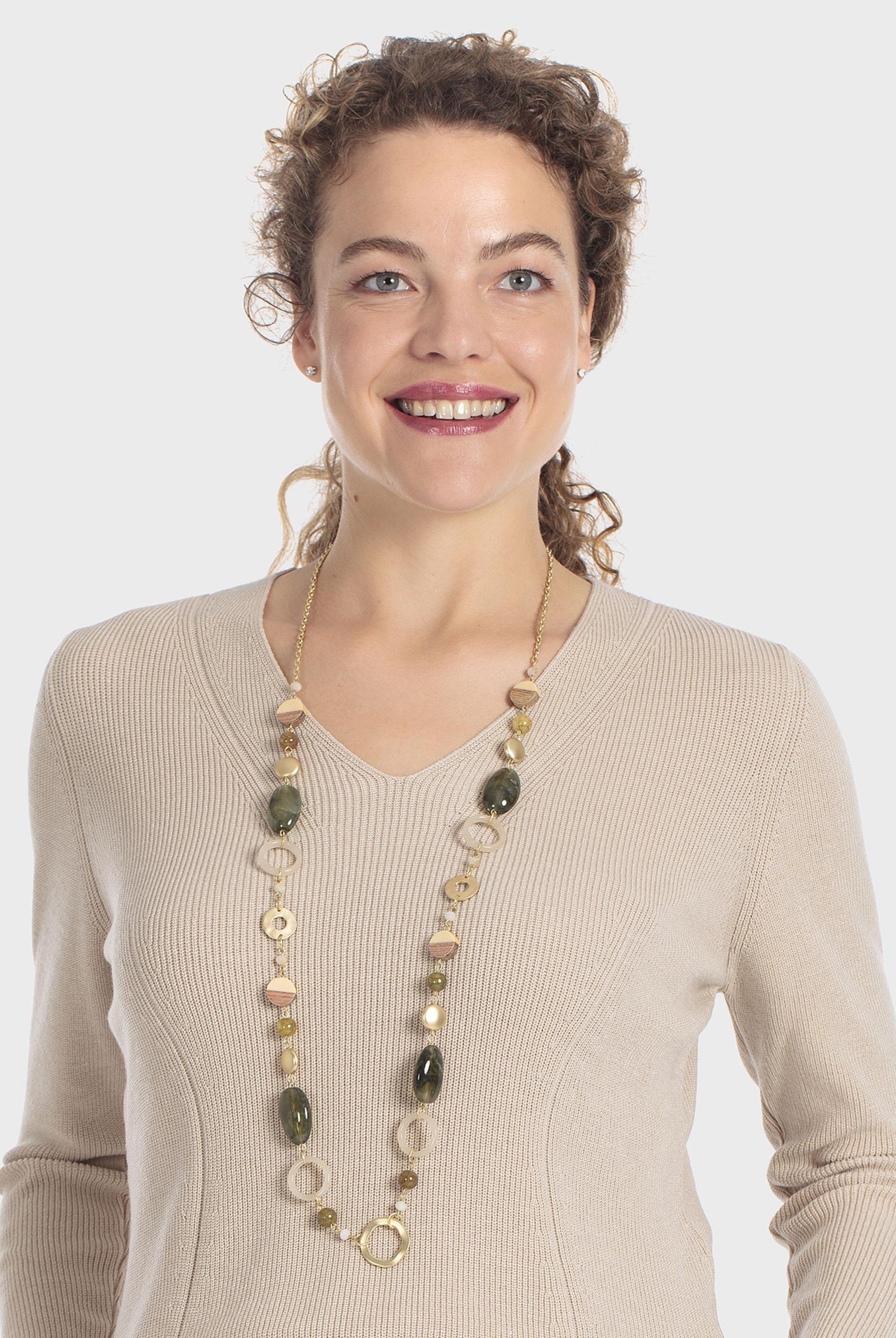 Long Stones Necklace Gold, Green Khaki, medium