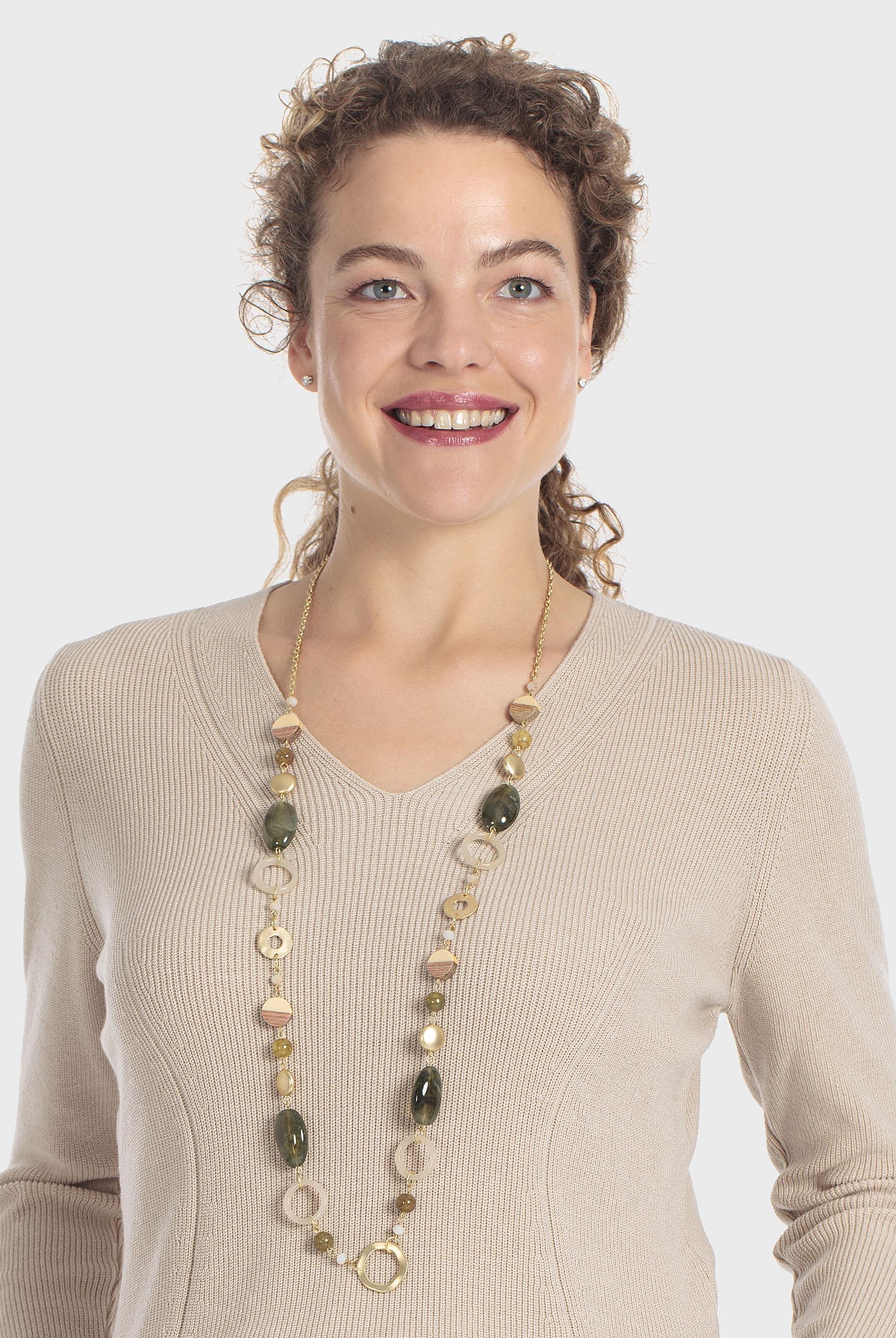 Long Stones Necklace Gold, Green Khaki, large image number 3