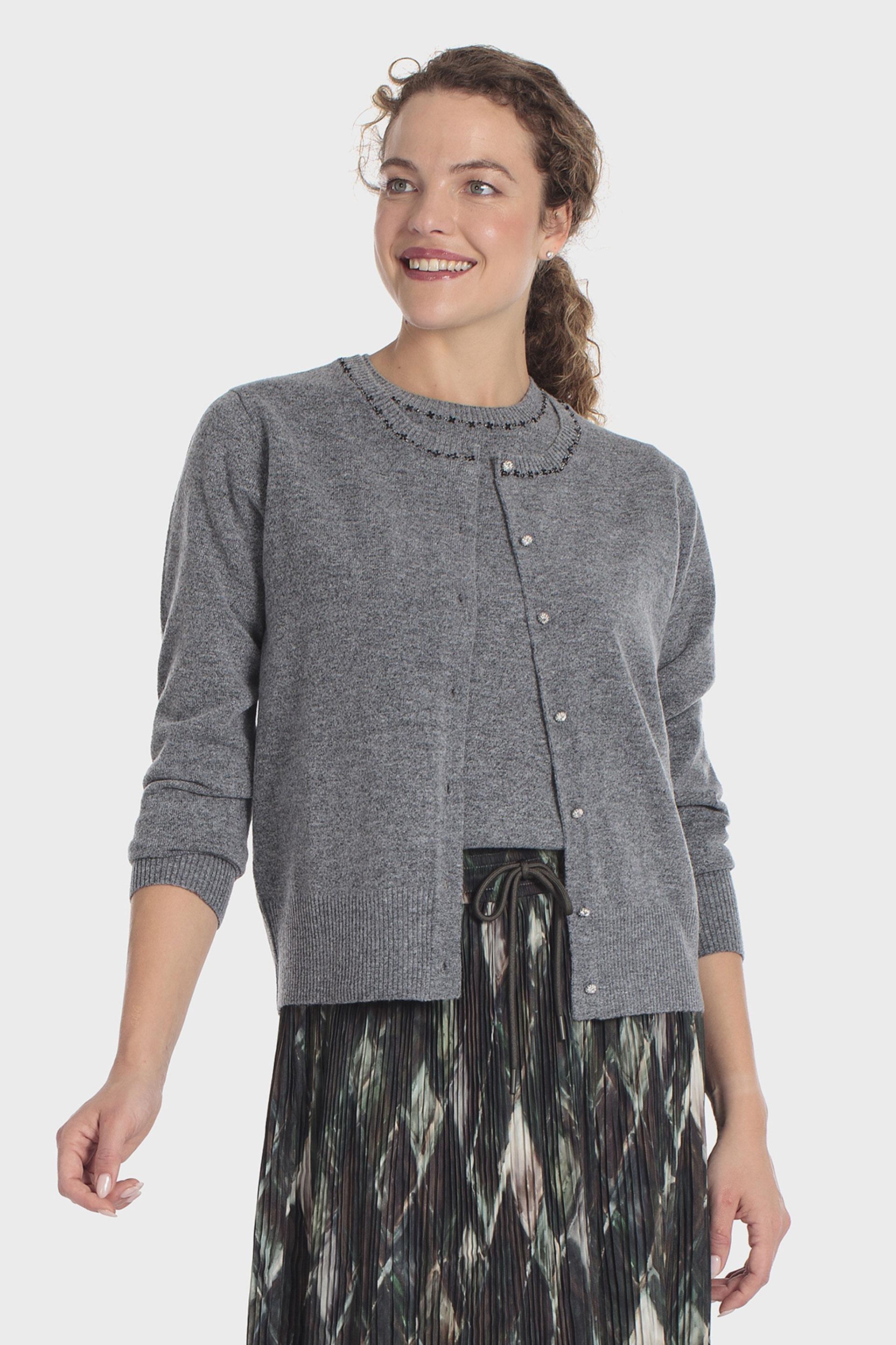 Beaded Round Neck Knit Jacket Grey, Grey Melange, medium