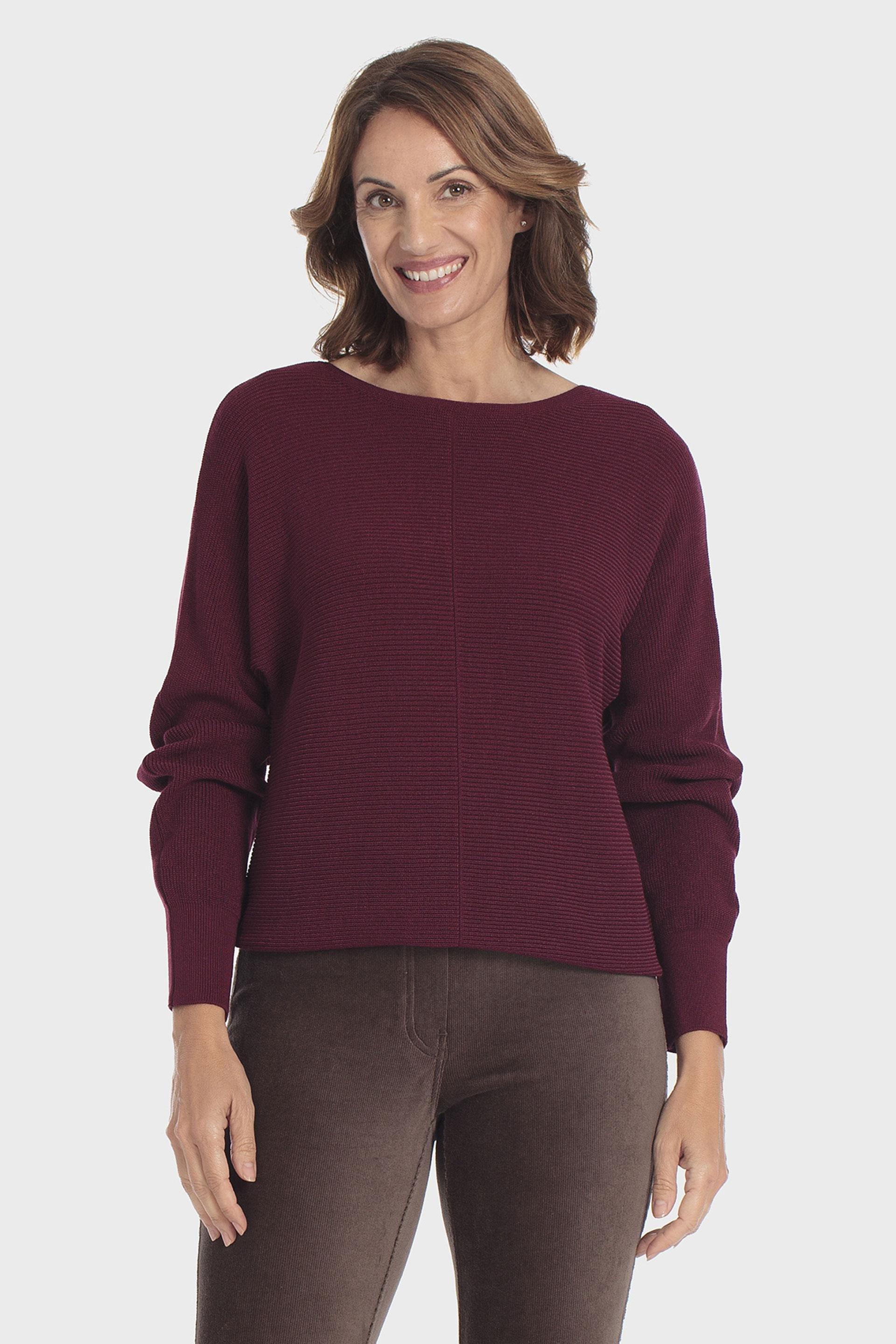 بلوفر بأكمام واسعة وياقة قارب عنابي, Red Dark, medium