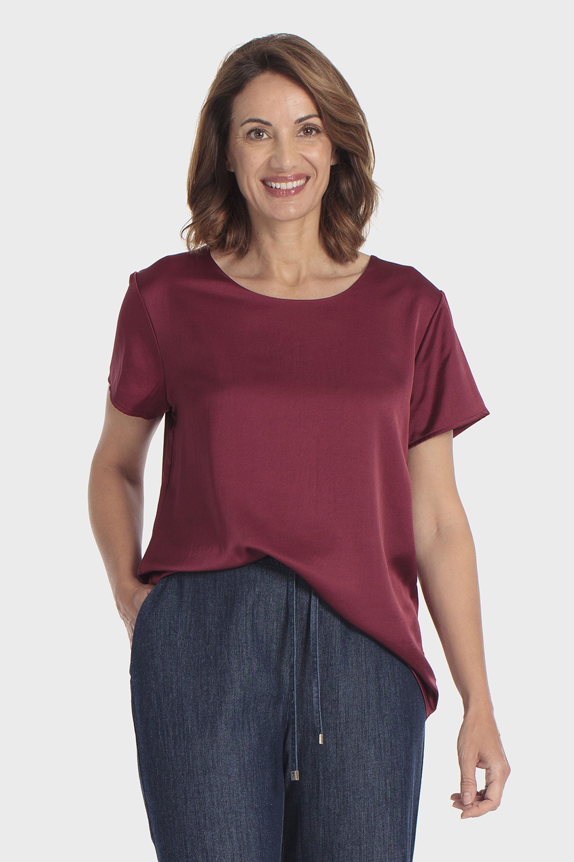 Satin Round Neck Top Red, Red Dark, medium