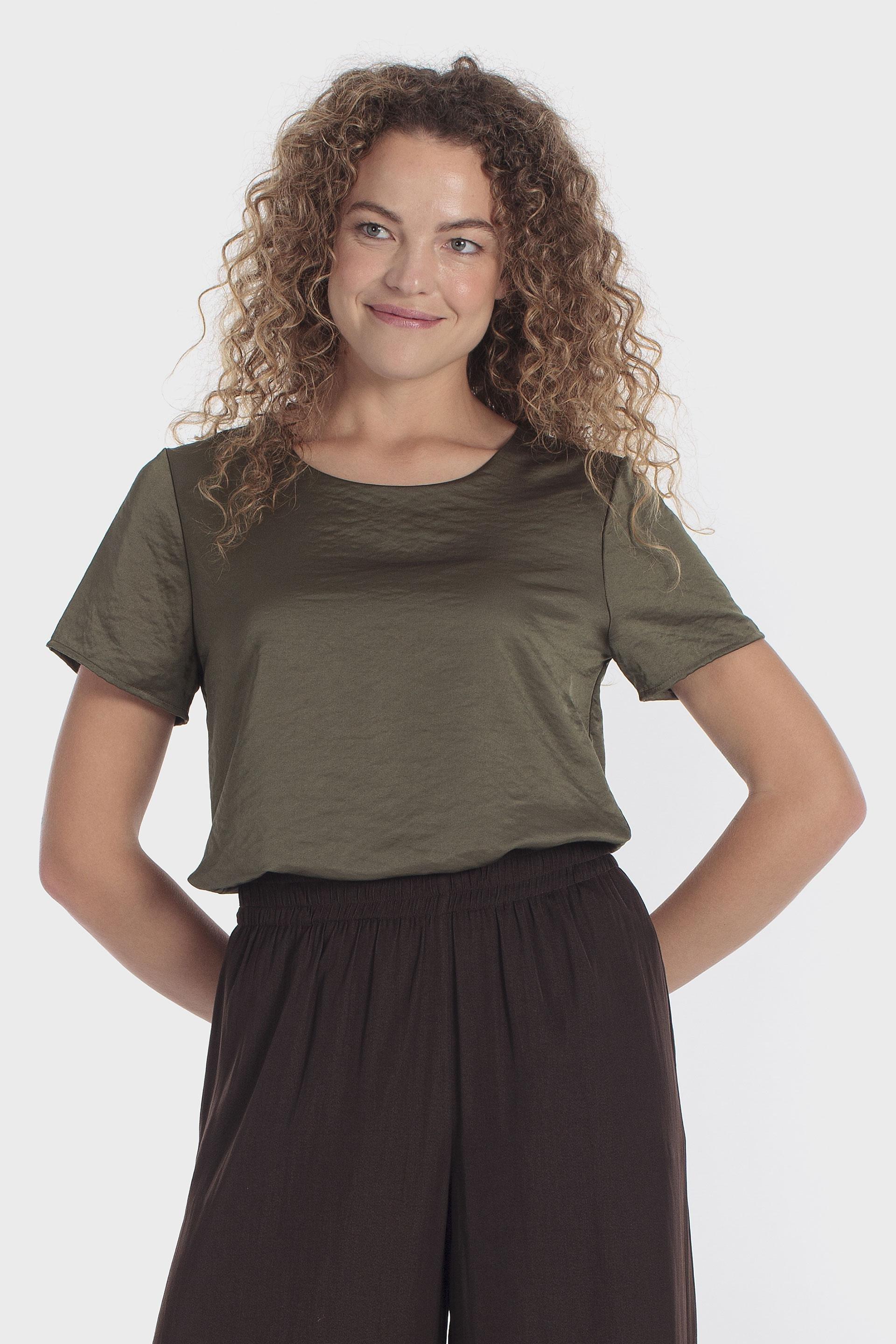 Satin Round Neck Top Khaki, Green Dark Khaki, medium