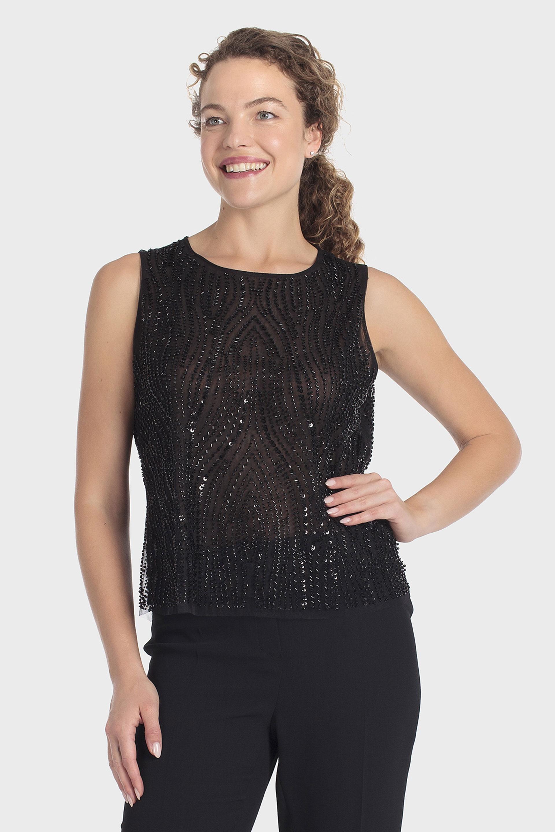 Round Neck Beaded Sleeveless Top Black, Black, medium