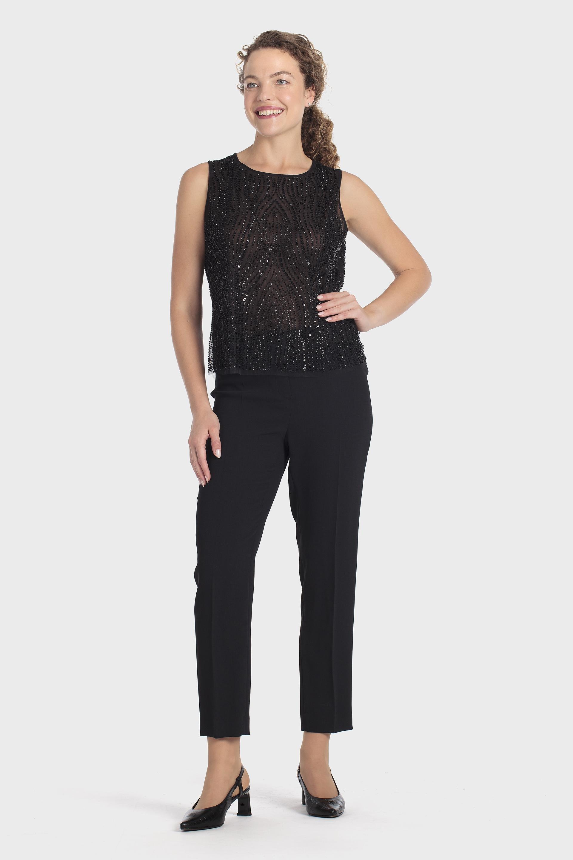 Round Neck Beaded Sleeveless Top Black, Black, medium