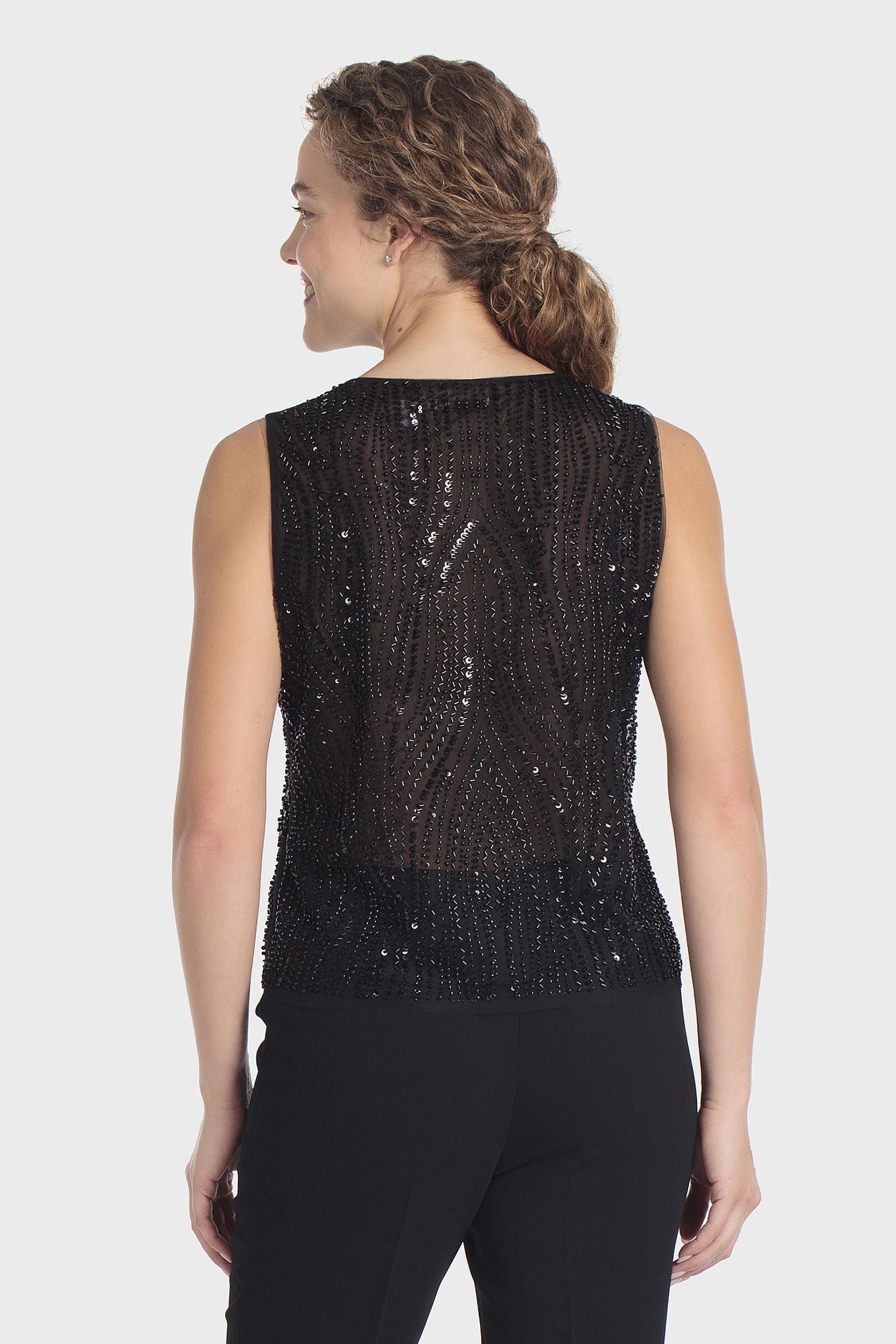 Round Neck Beaded Sleeveless Top Black, Black, medium