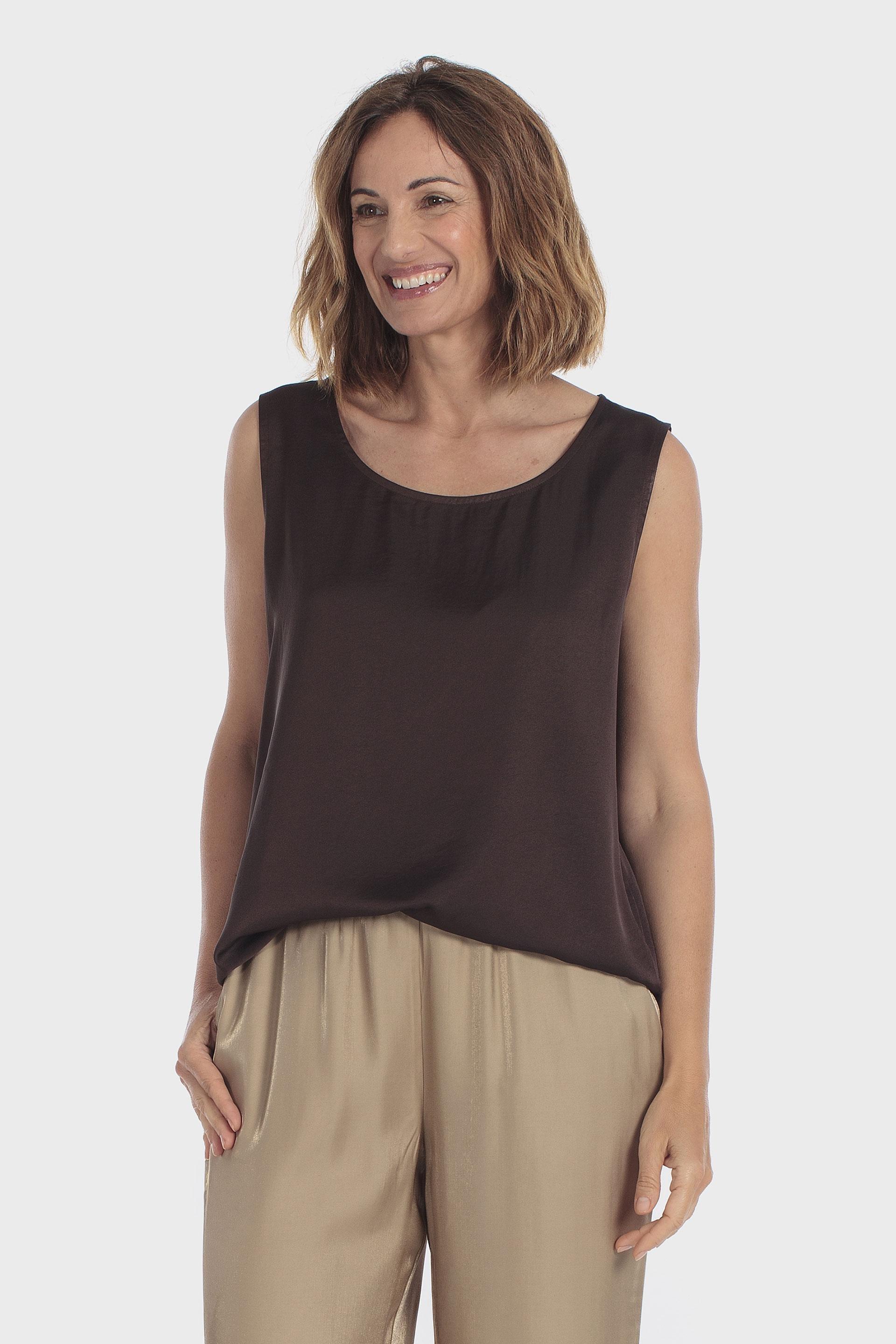 Sleeveless Satin Top Brown, Brown Chocolate, medium