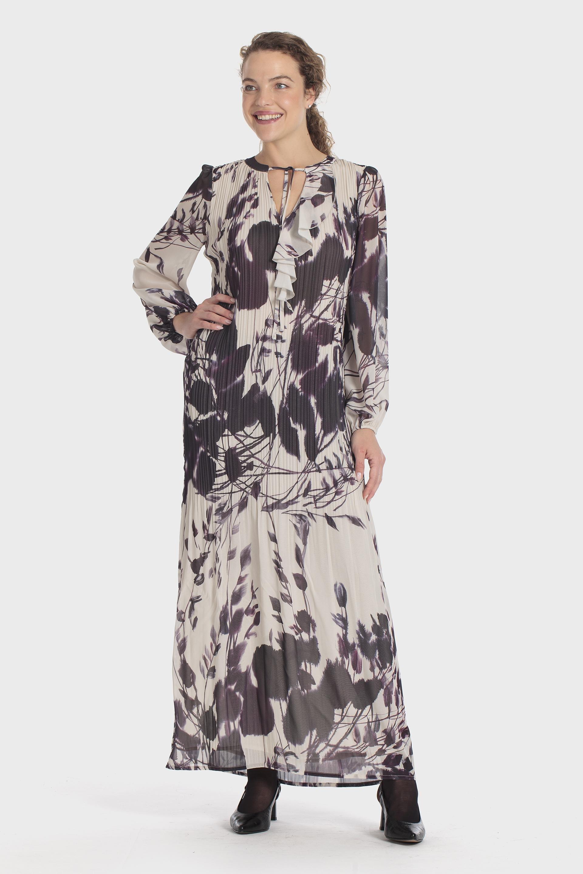 Pleated Printed Maxi Dress Black, Beige, medium