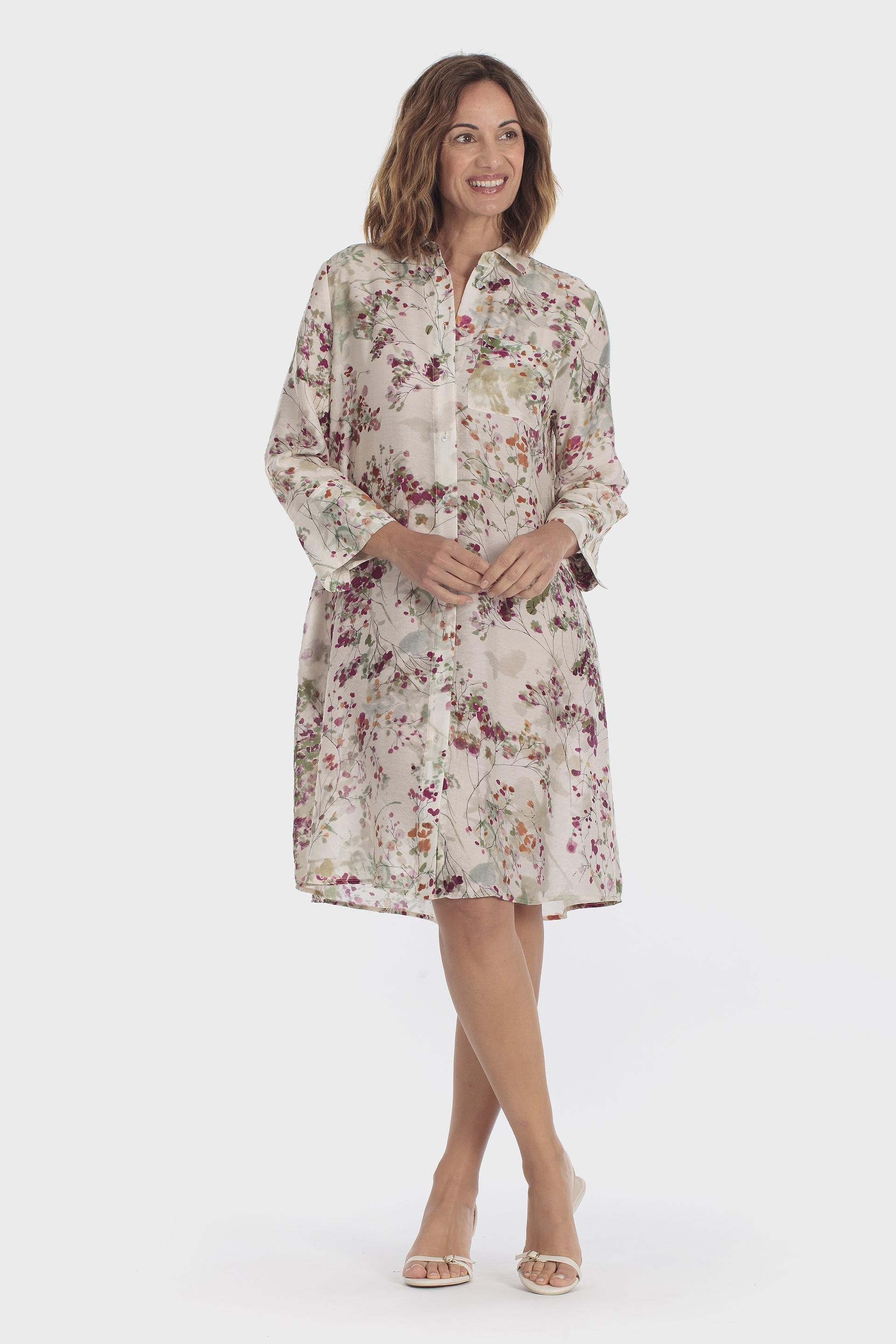 Floral Print Shirt Dress Beige, Beige, large image number 0