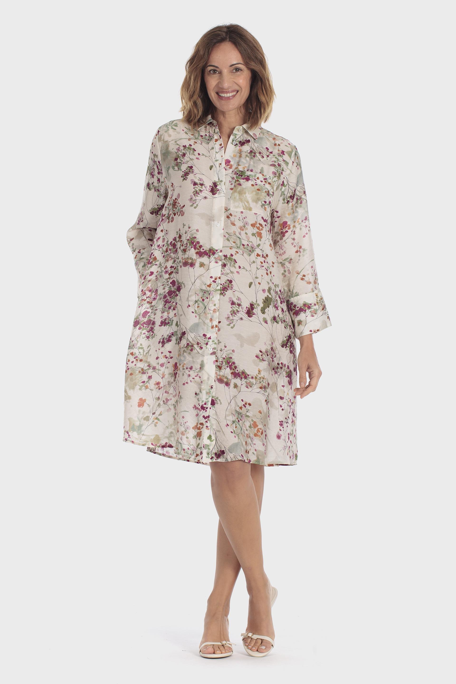 Floral Print Shirt Dress Beige, Beige, large image number 1