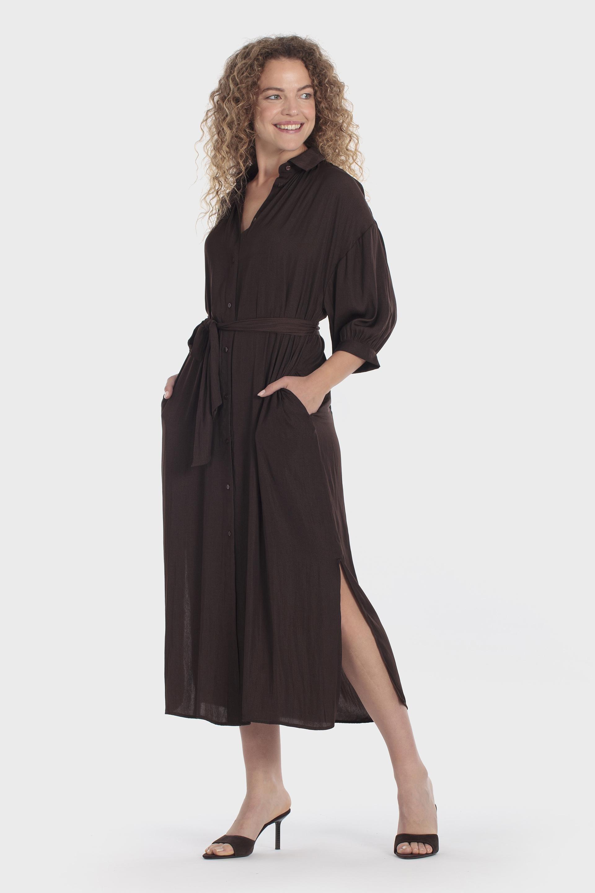 Belted Shirt Dress Brown, Brown Coffee, large image number 1