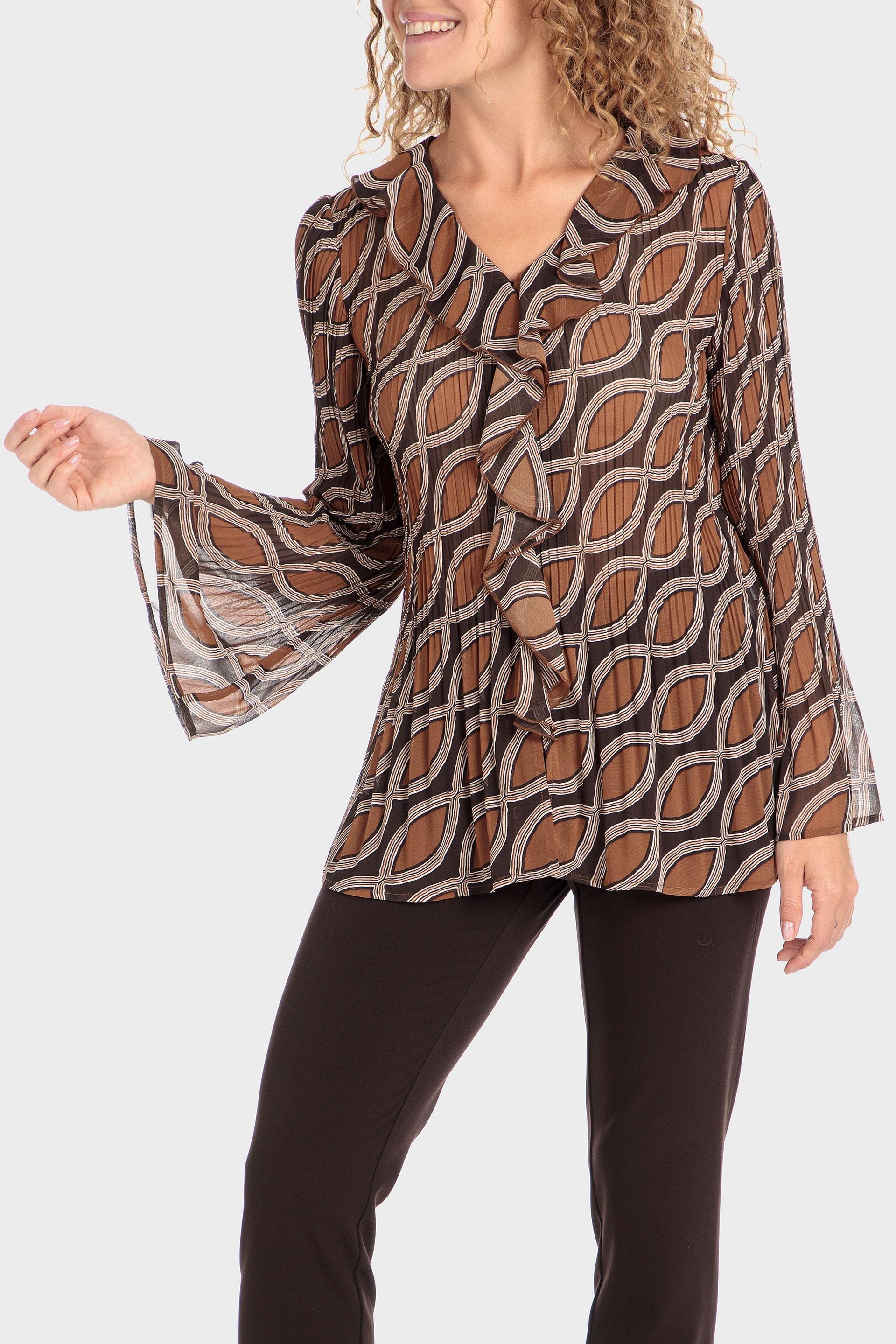 Brown Printed Pleated Shirt, , large image number 1