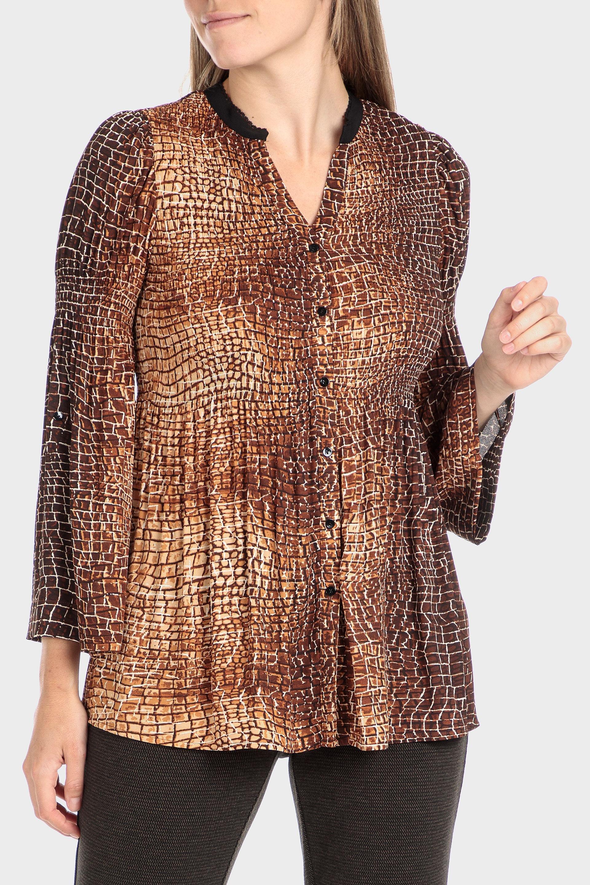 Brown Printed Pleated Shirt, , large image number 1