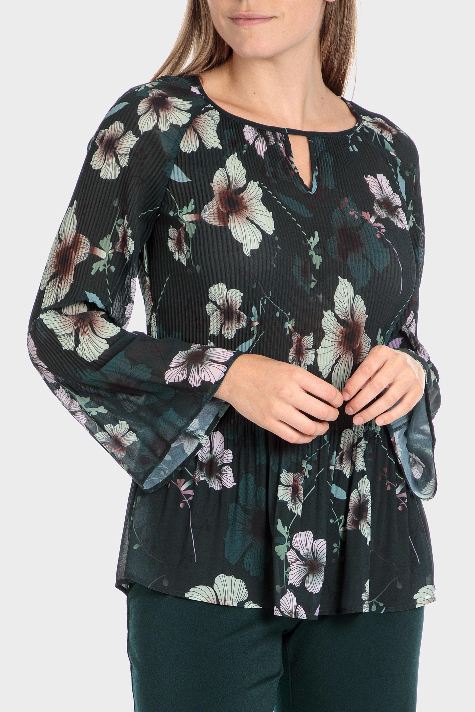 Black Pleated Printed Blouse, , large image number 0