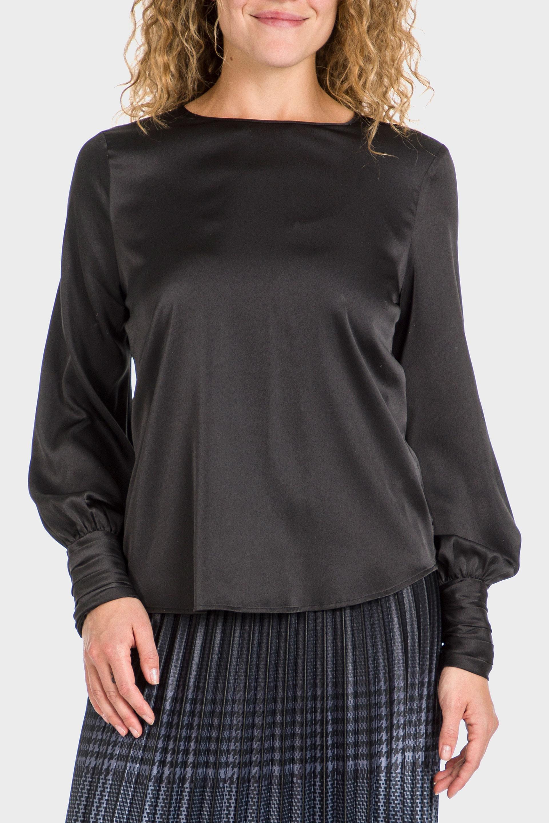 Black Ballon Sleeve Satin Blouse, , large image number 0