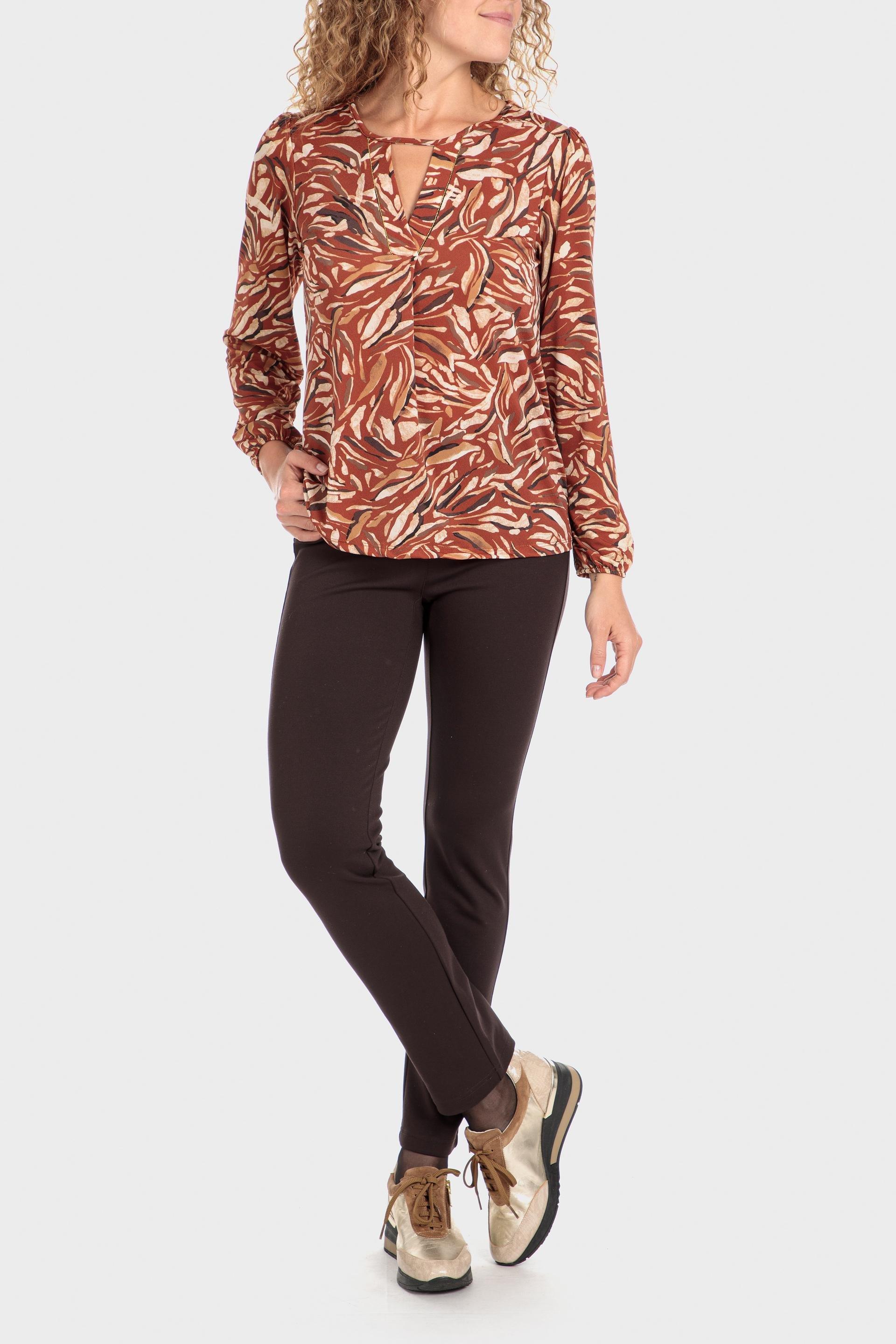 Brown V-Neck Patterned Blouse, , large image number 0
