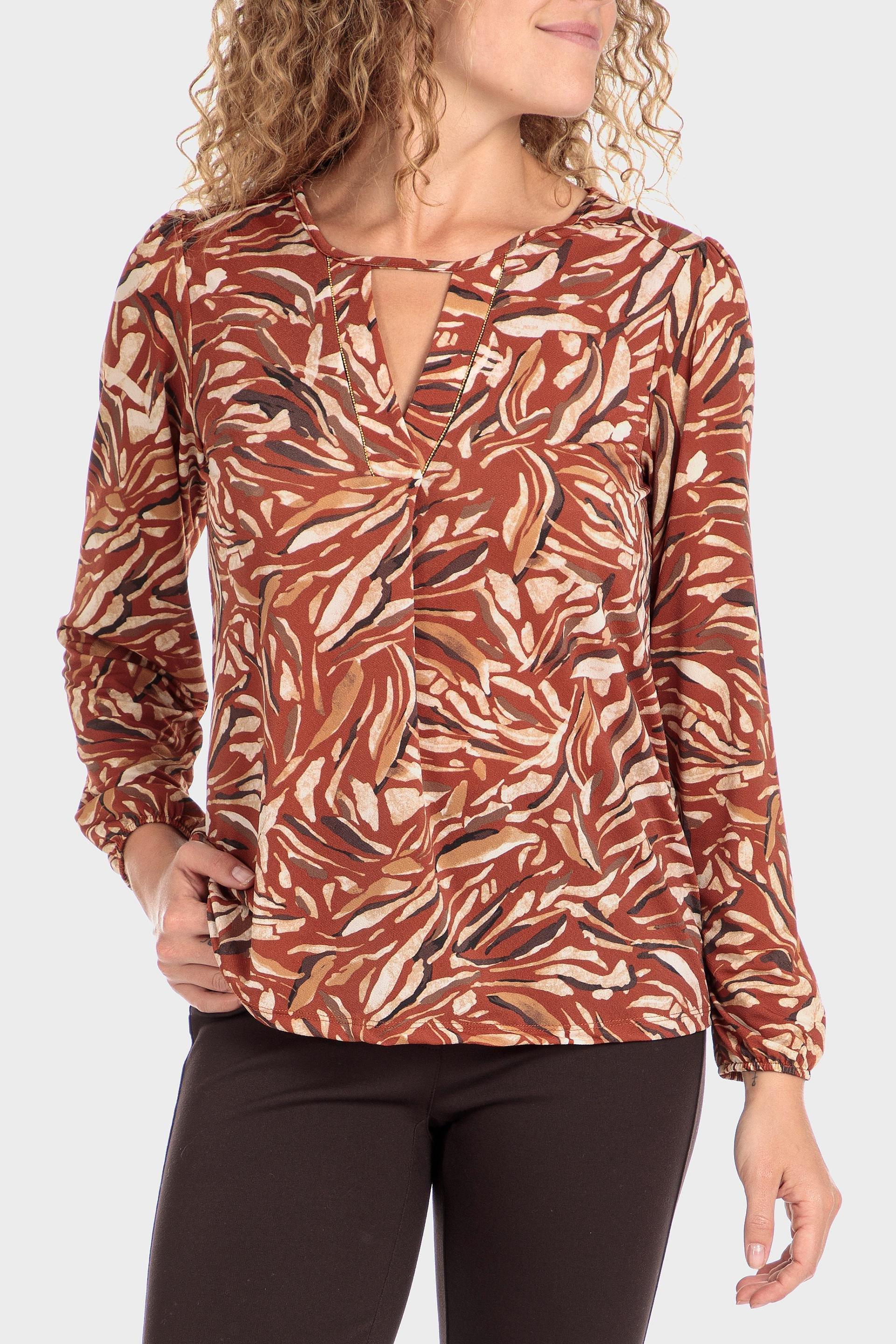 Brown V-Neck Patterned Blouse, , large image number 1