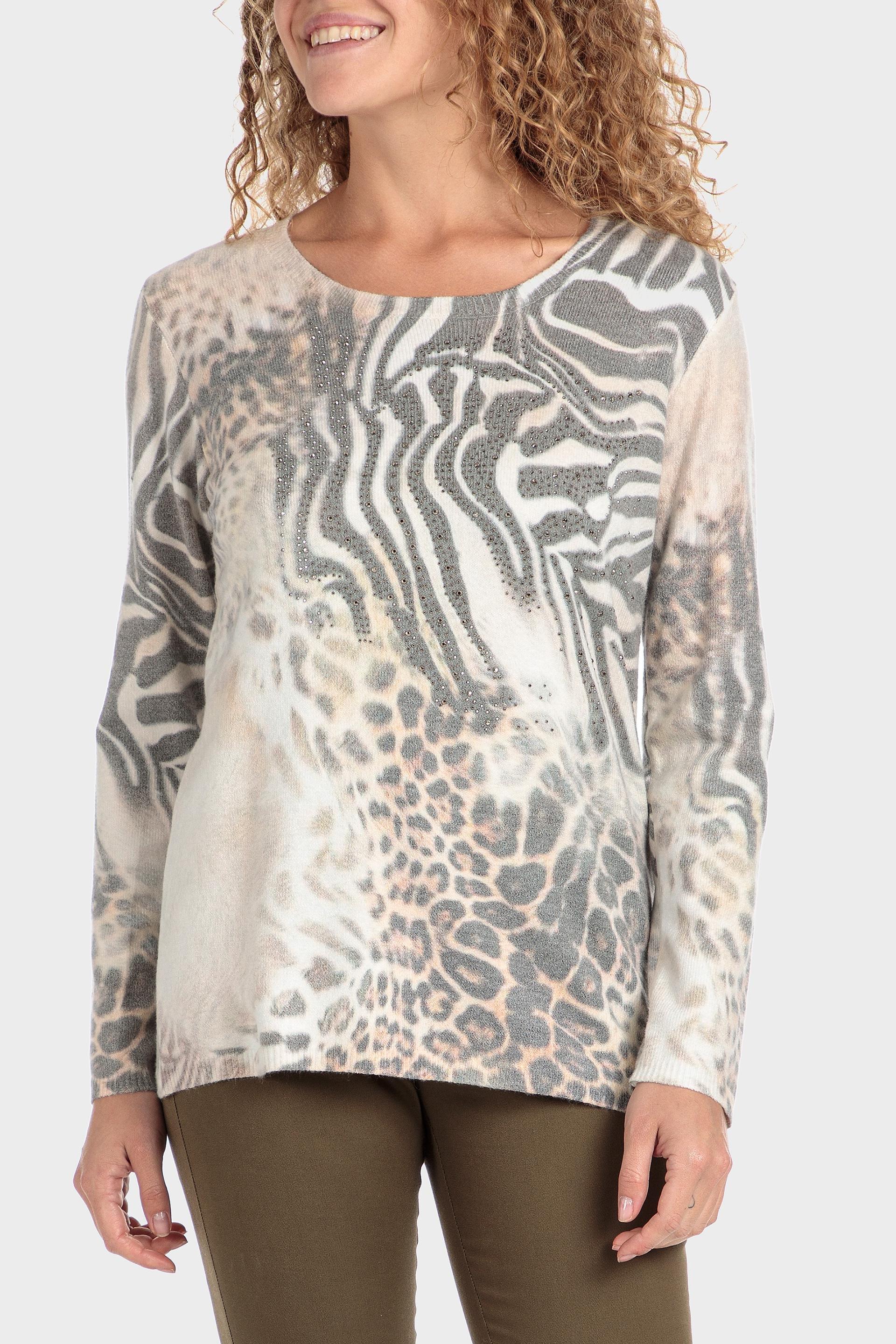 Beige Rhinestone Animal Print Sweatshirt, , large image number 1