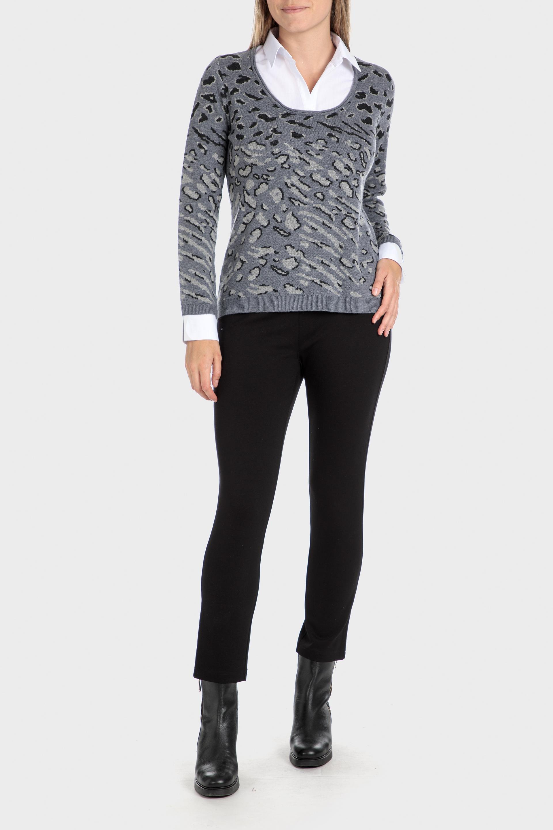 Grey Animal Print Shirt Collar Sweater, , large image number 0