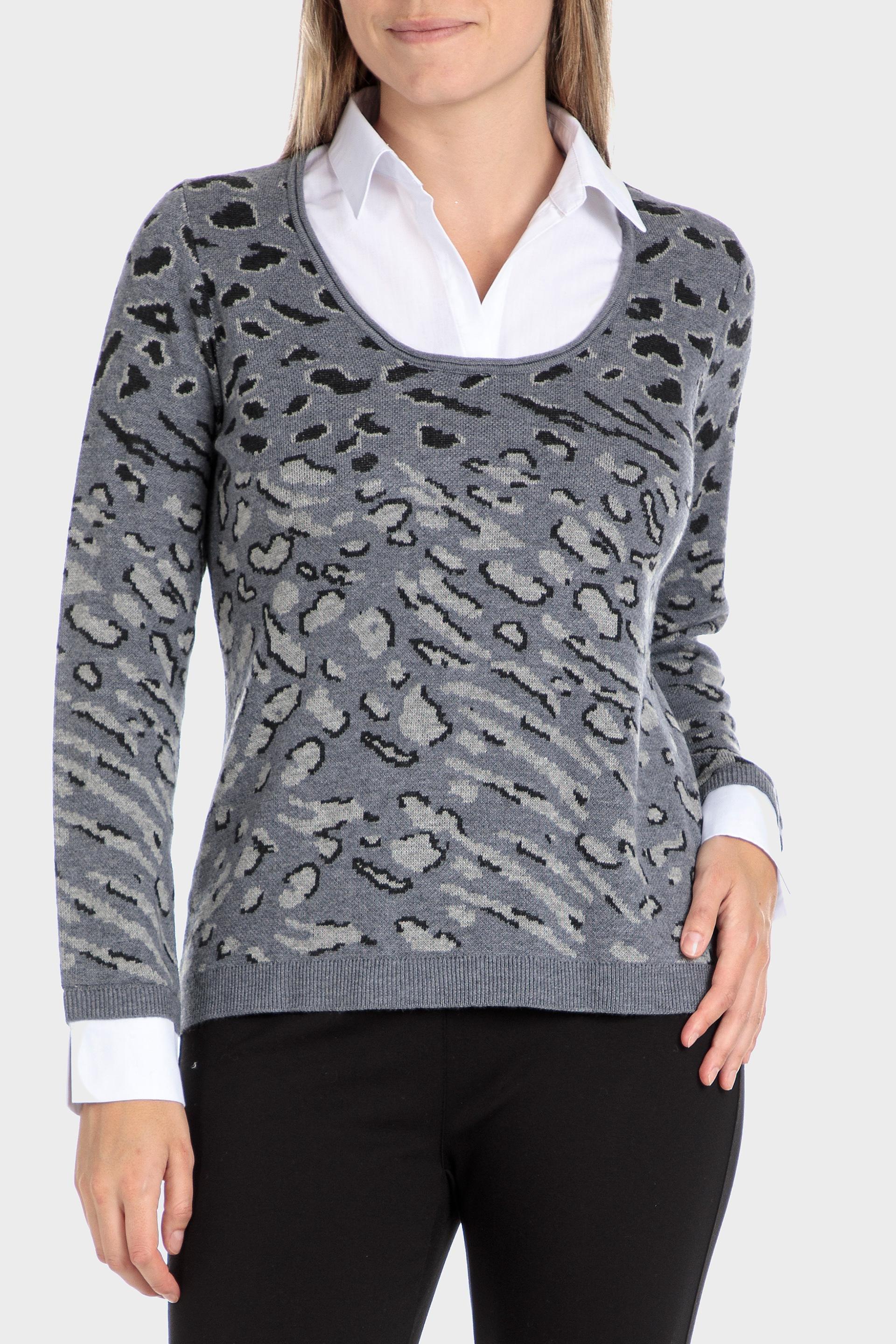 Grey Animal Print Shirt Collar Sweater, , large image number 1