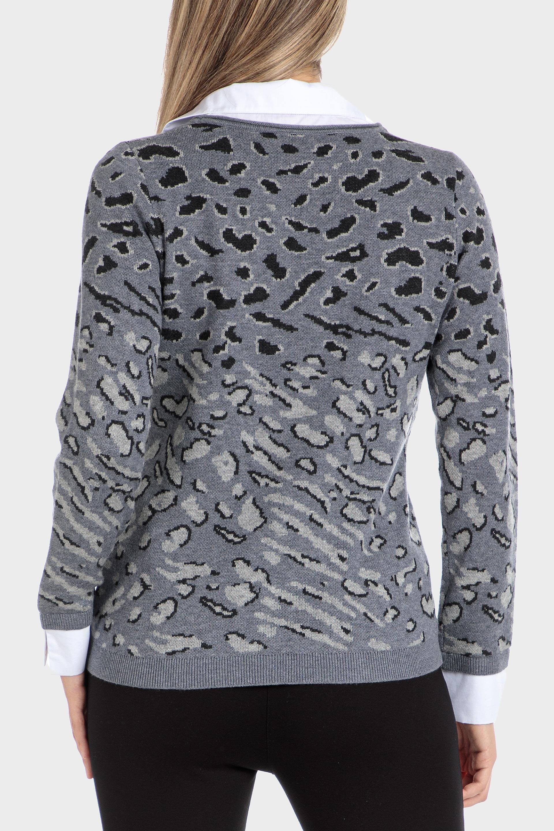 Grey Animal Print Shirt Collar Sweater, , large image number 2