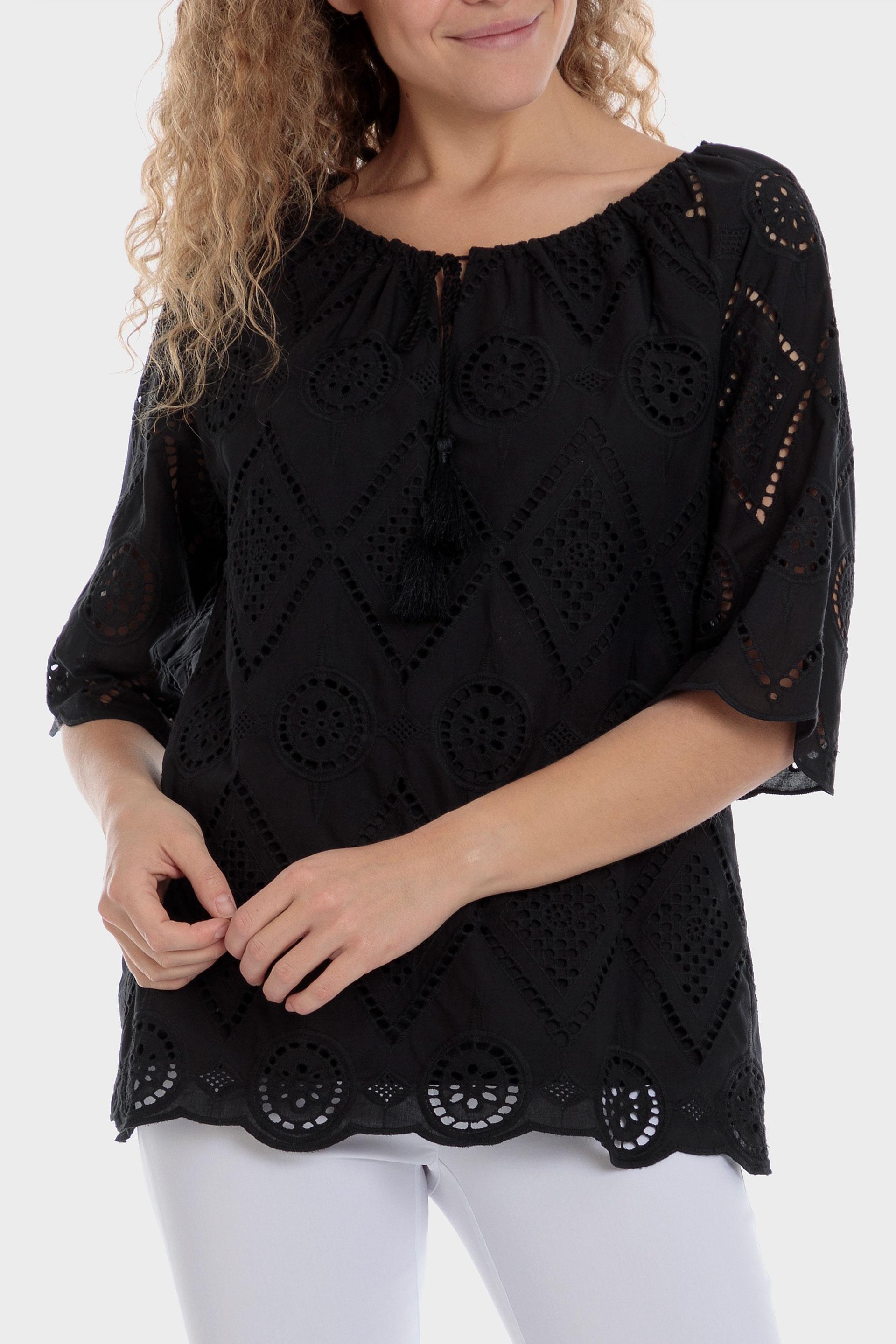 Punt Roma - Black V-Neck Embroidered Blouse