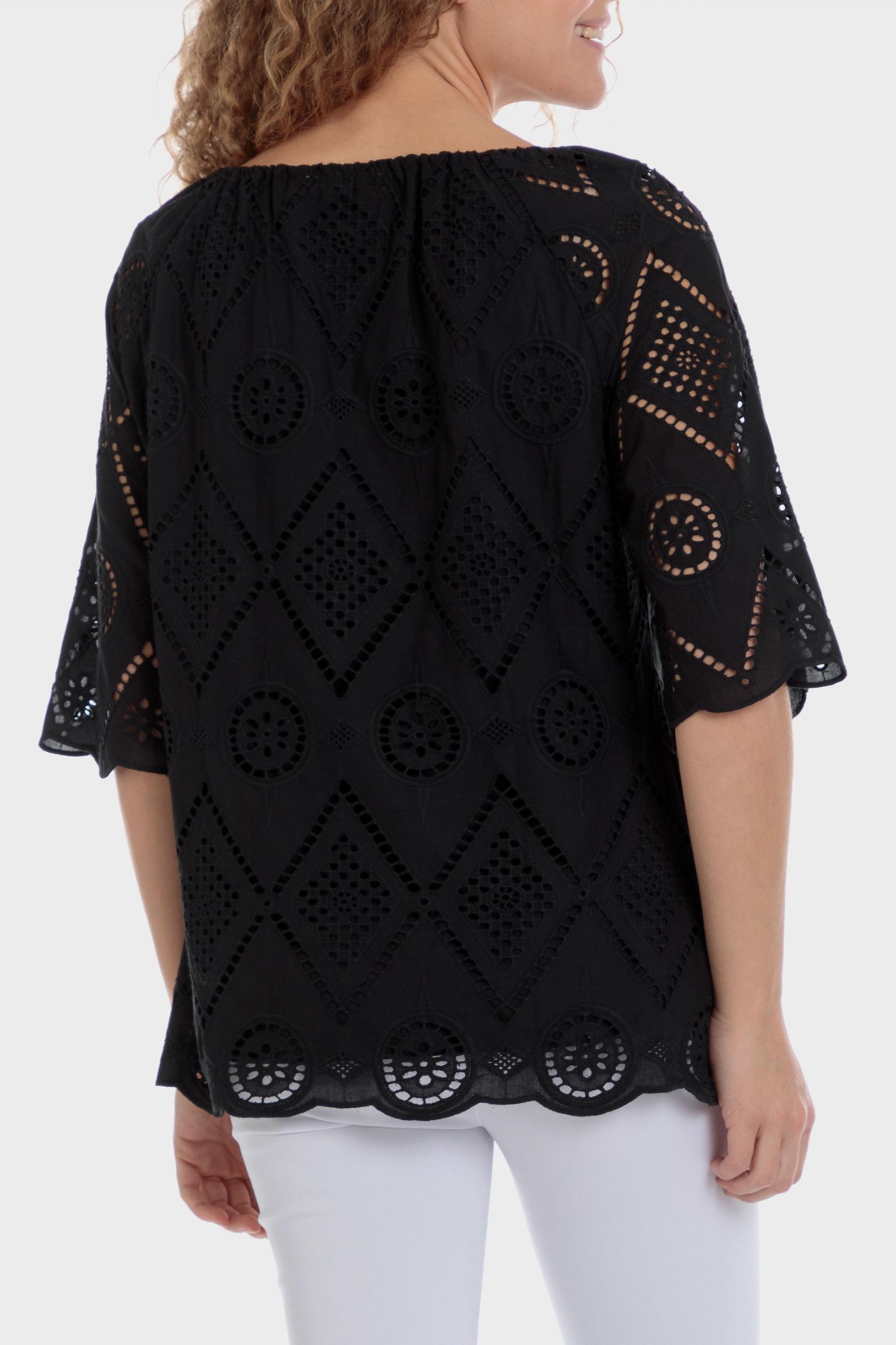 Punt Roma - Black V-Neck Embroidered Blouse