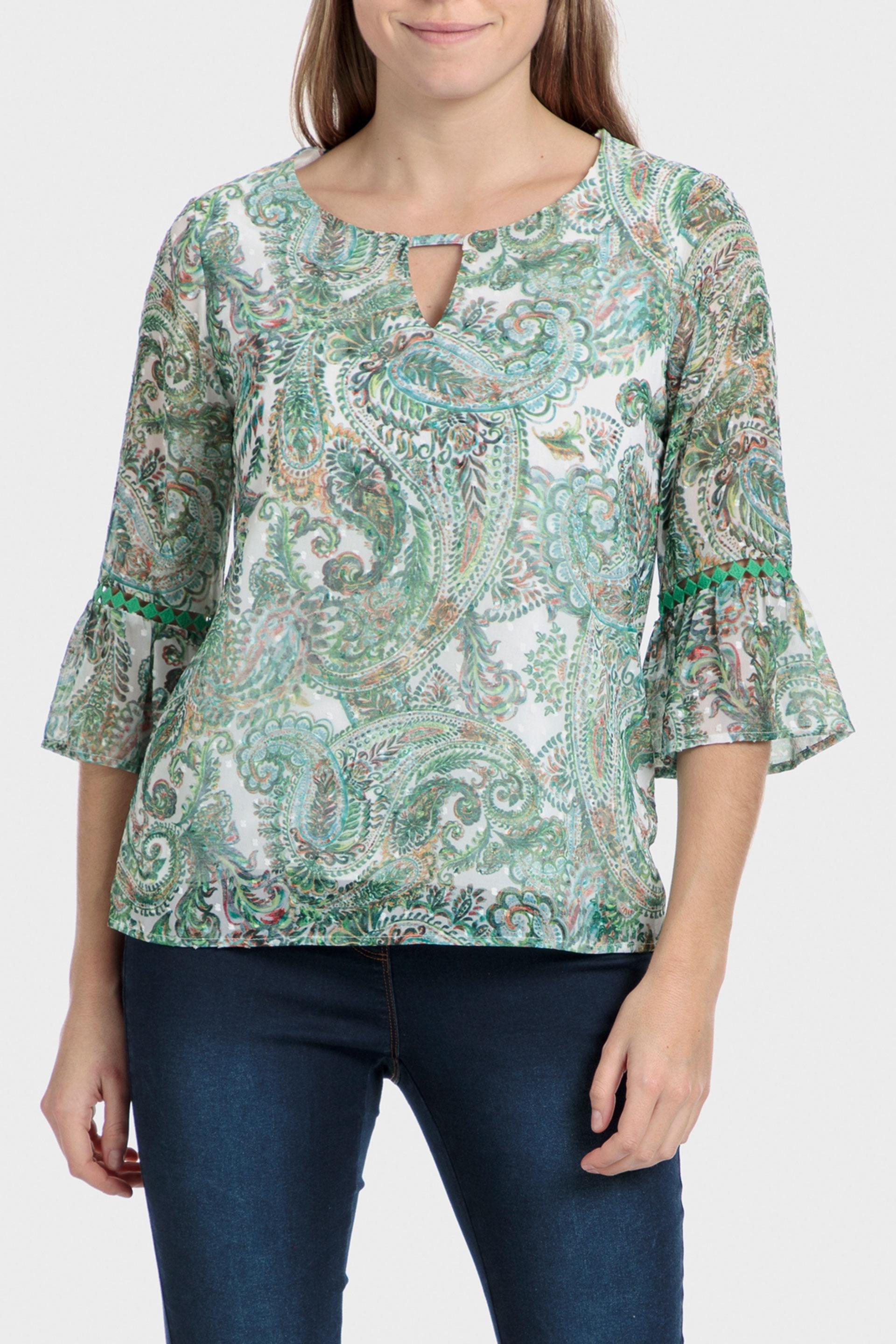 Green Printed Plumetti Blouse, , large image number 1