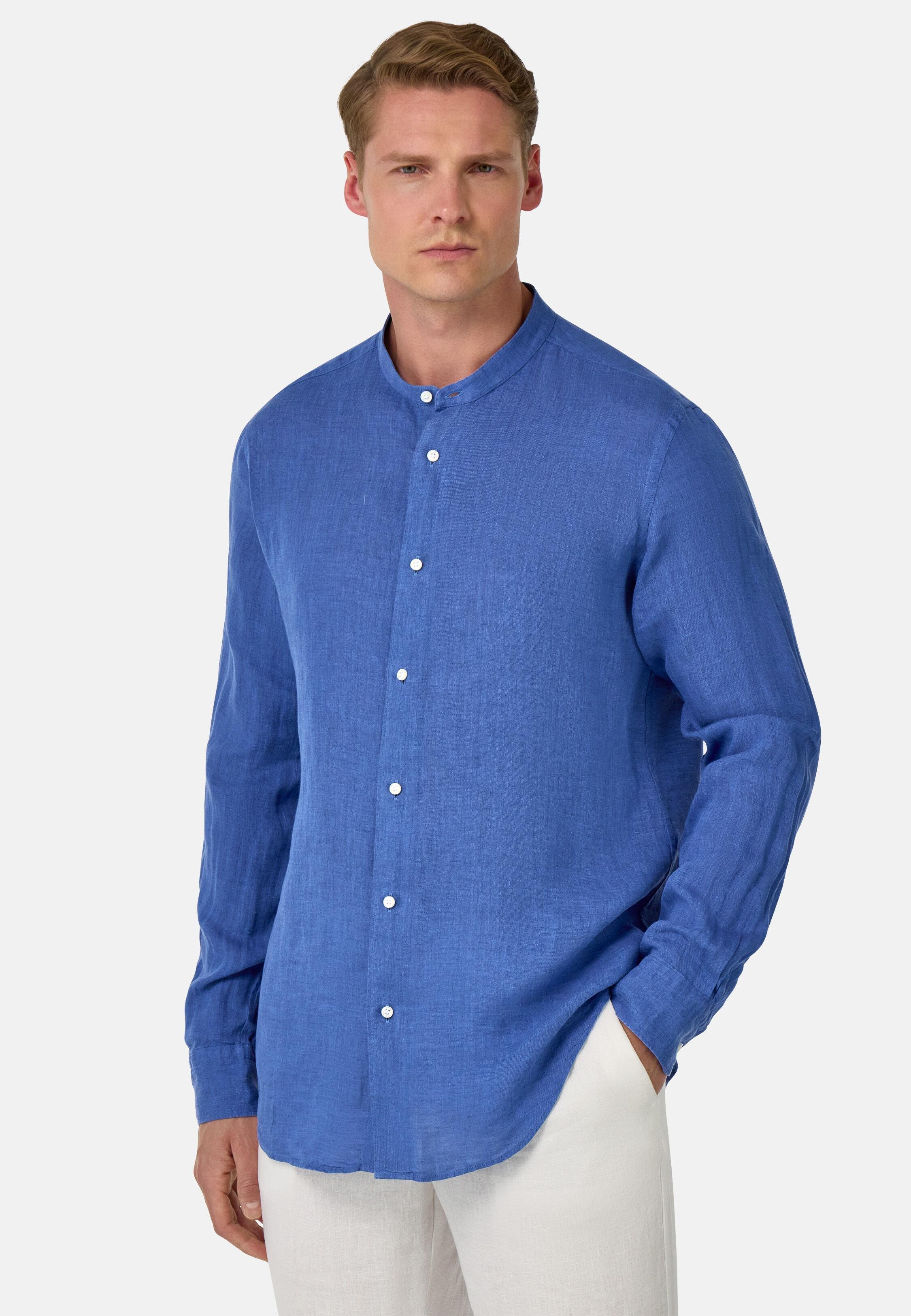 MDBL Mandarin Collar Linen Shirt Regular Fit, Medium Blue, large image number 0