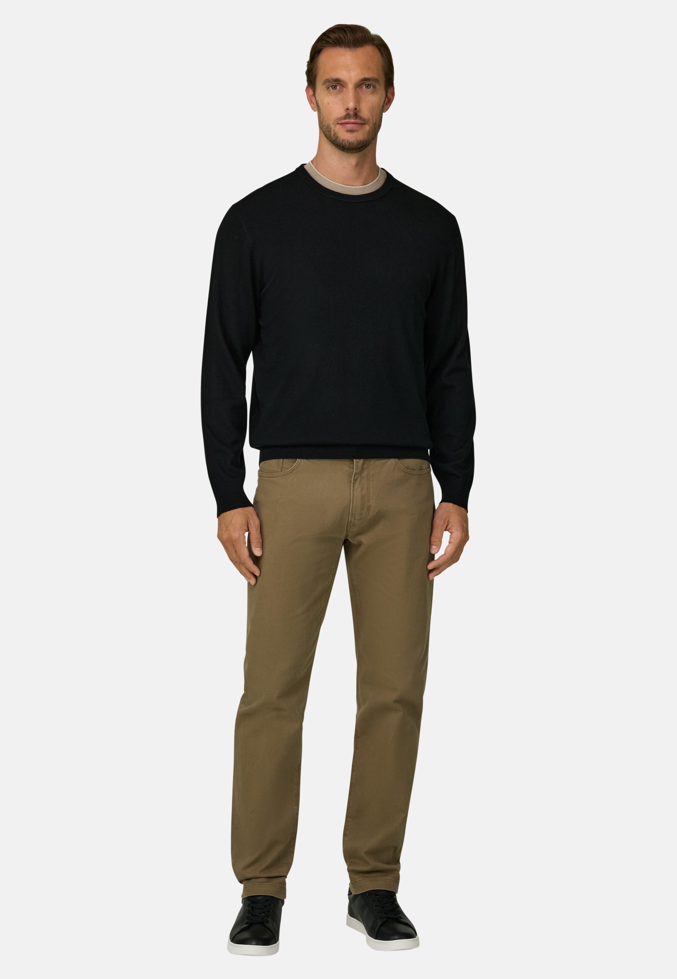 Crew Neck Jumper in Merino Wool, Black, Black, large image number 0
