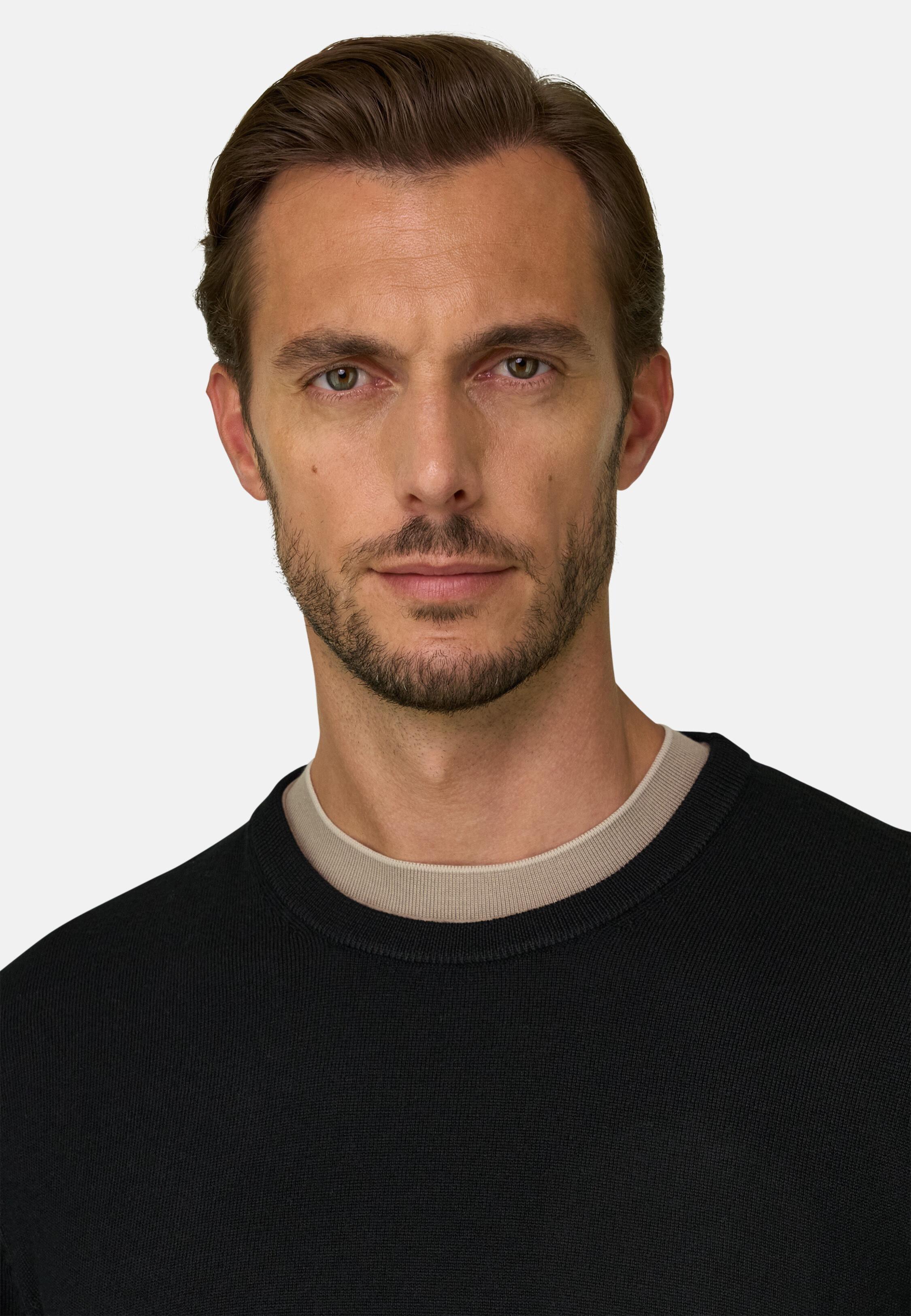 Crew Neck Jumper in Merino Wool, Black, Black, large image number 1