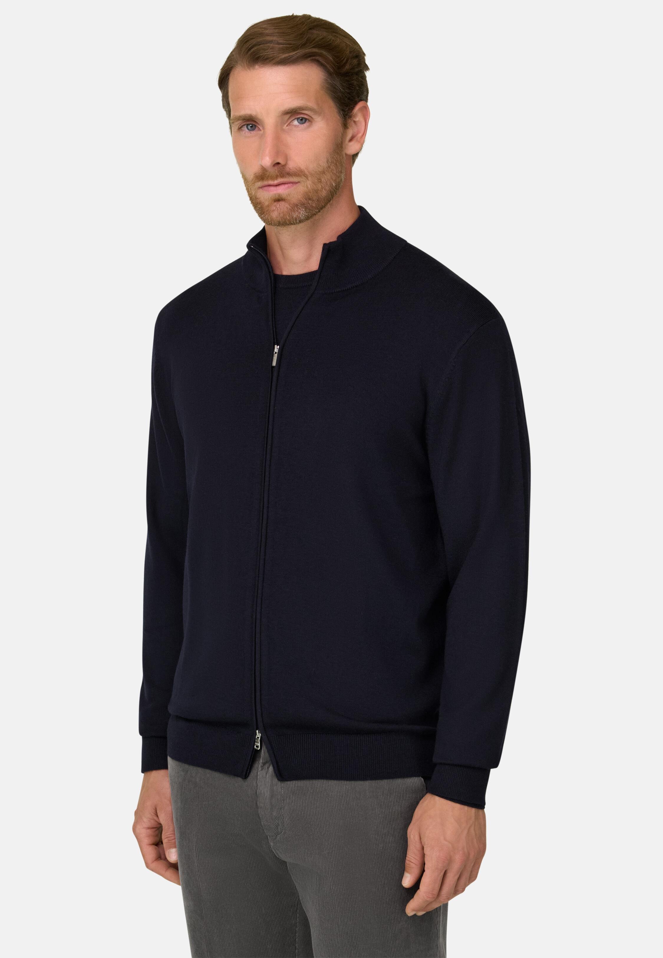 Full-Zip Jumper in Merino Wool, Navy Blue, Navy blue, large image number 1