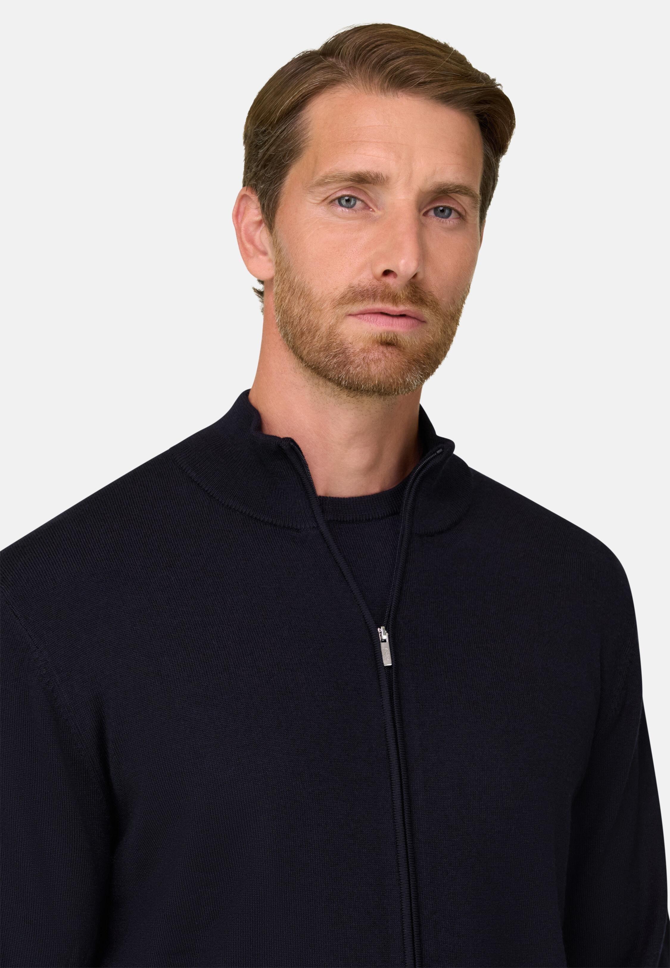Full-Zip Jumper in Merino Wool, Navy Blue, Navy blue, large image number 2