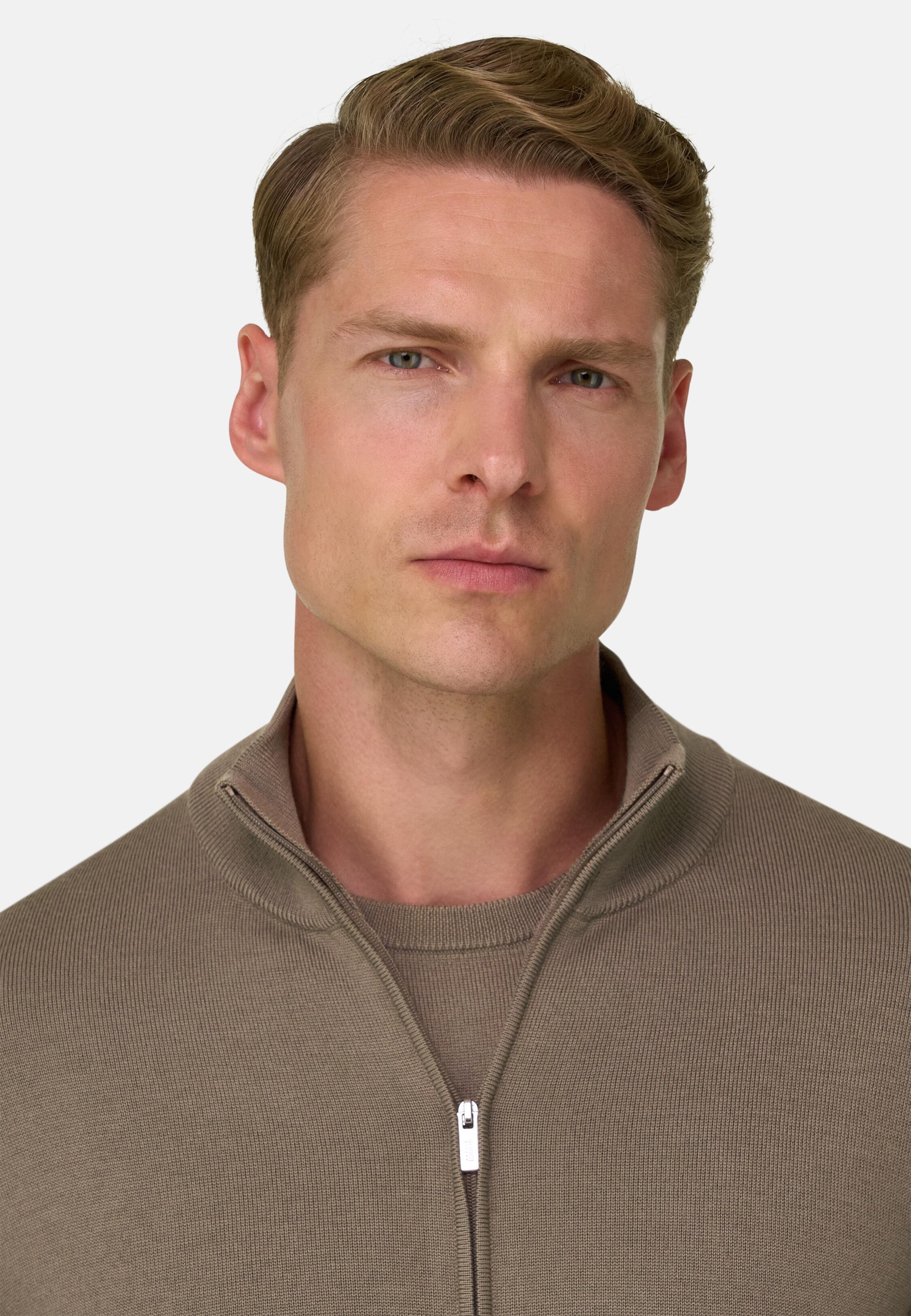 Full-Zip Jumper in Merino Wool, Taupe, Taupe, medium