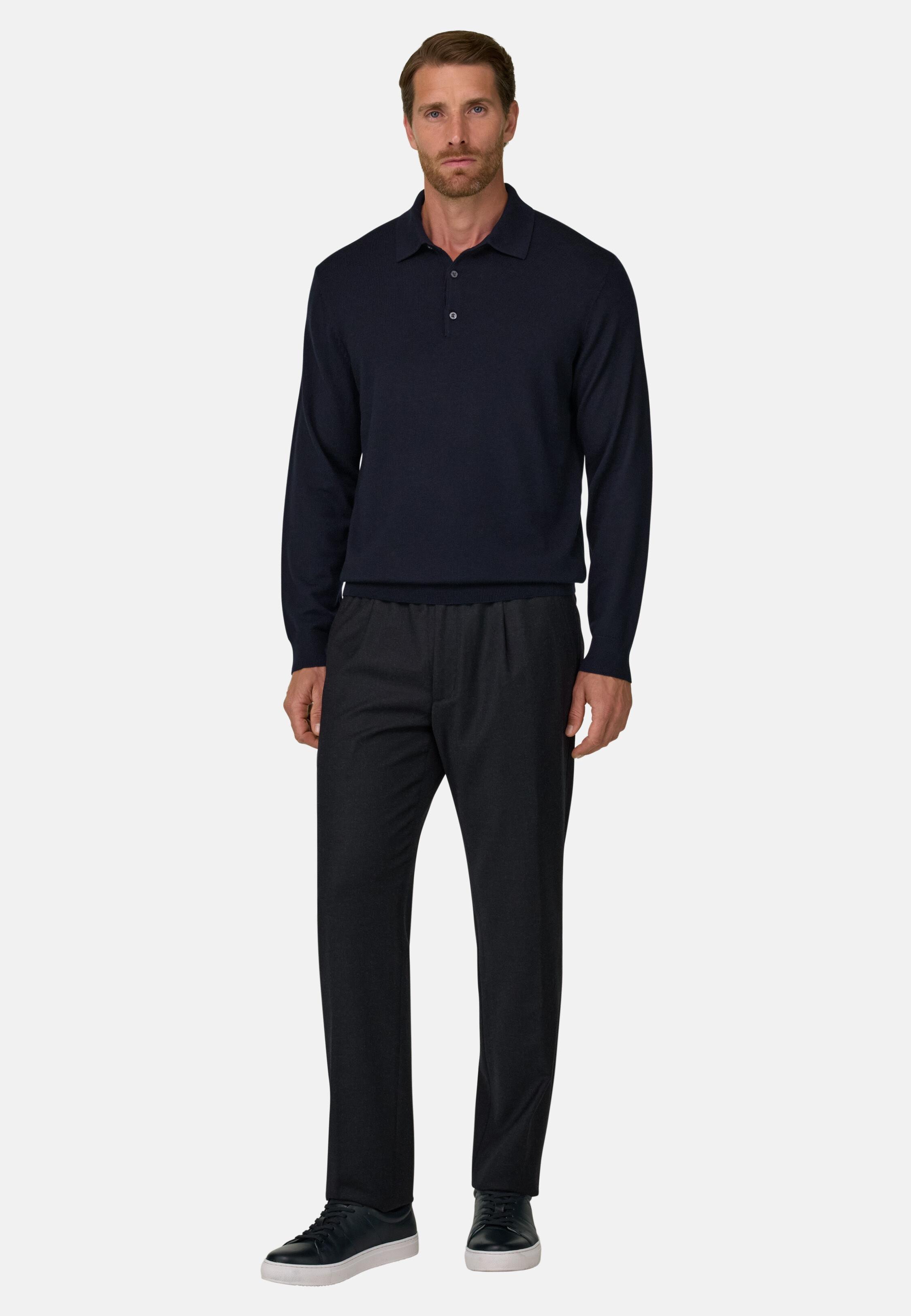 Knitted Polo Shirt in Merino Wool, Navy Blue, Navy blue, medium